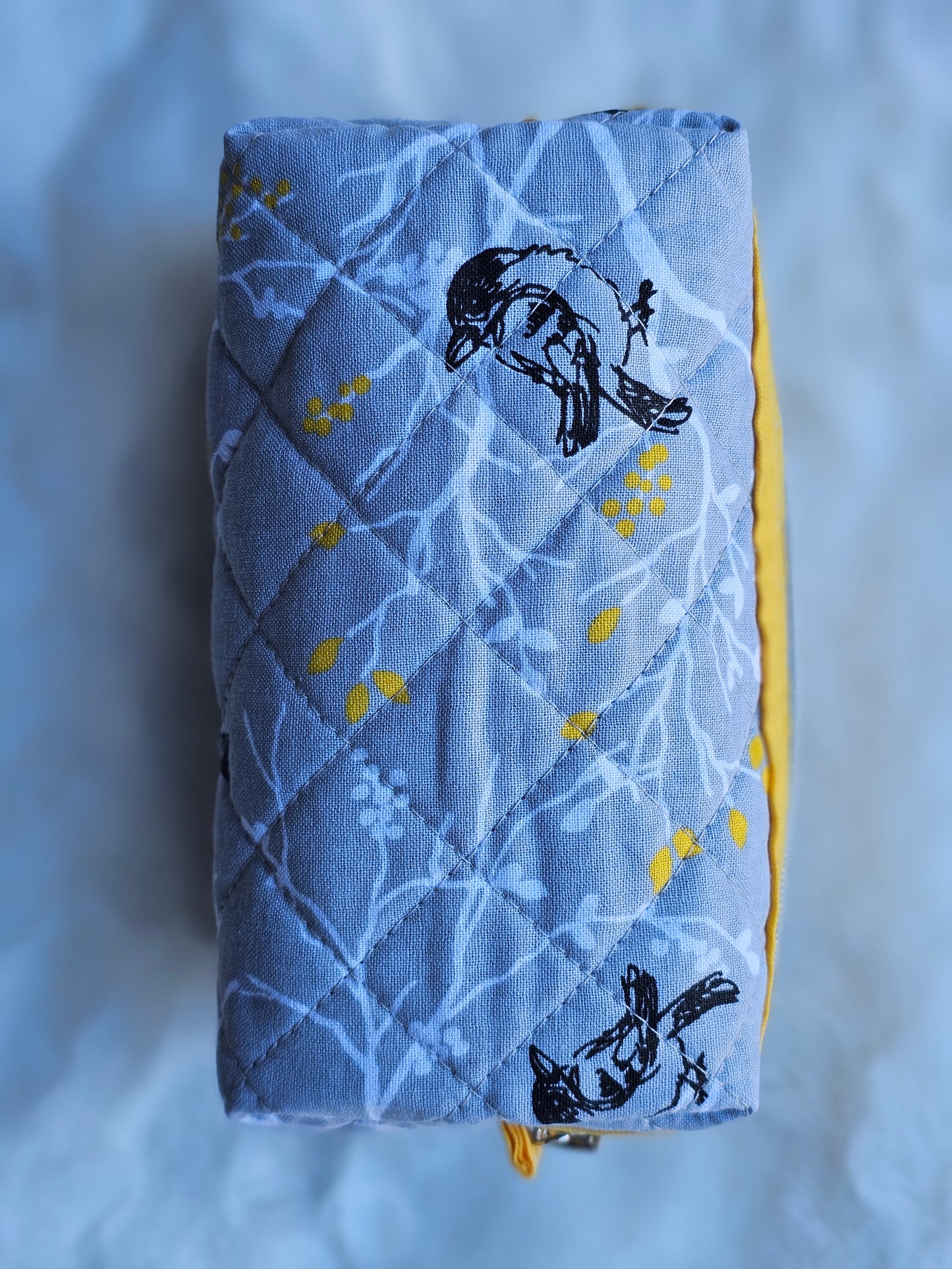 Grey Branch Sparrow Bird Pattern Yellow Accented Quilted Pattern Mini Zipper Box Pouch