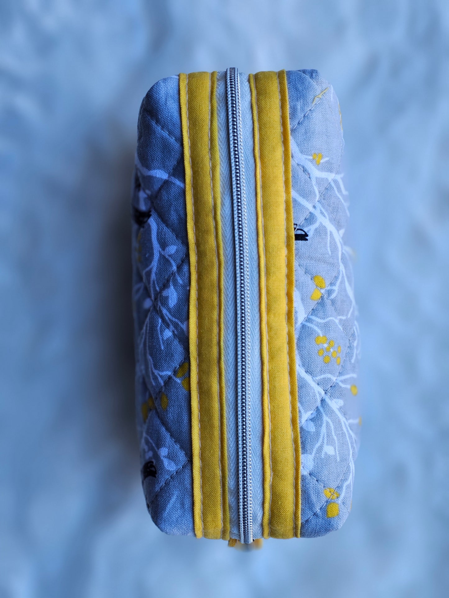 Grey Branch Sparrow Bird Pattern Yellow Accented Quilted Pattern Mini Zipper Box Pouch