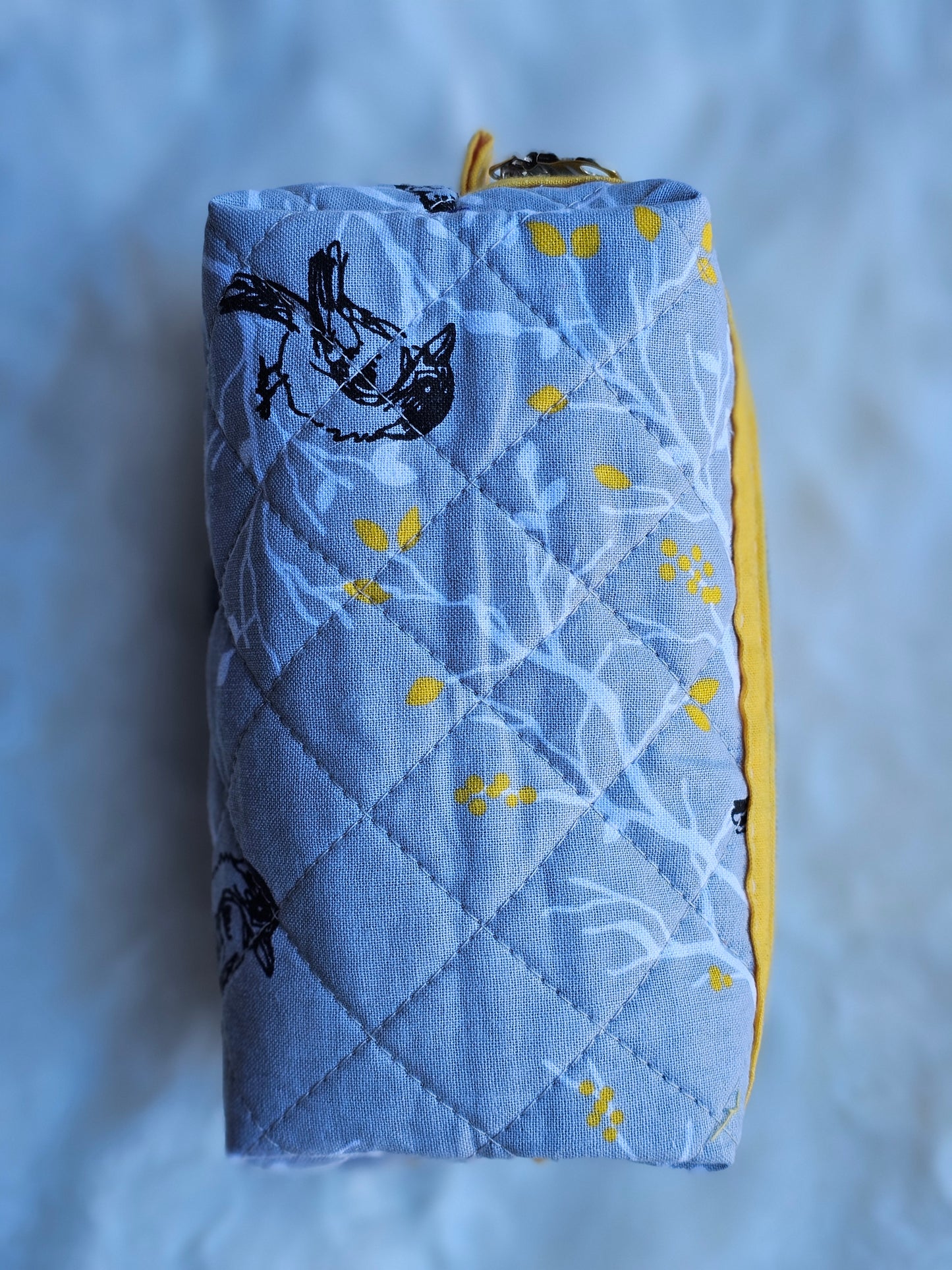 Grey Branch Sparrow Bird Pattern Yellow Accented Quilted Pattern Mini Zipper Box Pouch