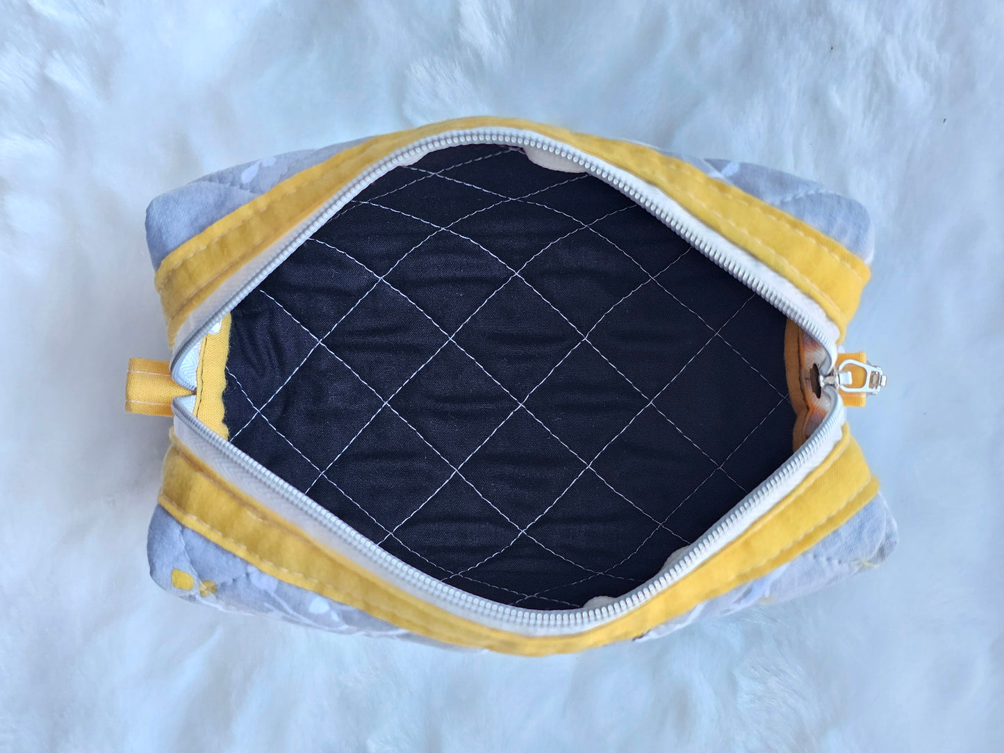 Grey Branch Sparrow Bird Pattern Yellow Accented Quilted Pattern Mini Zipper Box Pouch