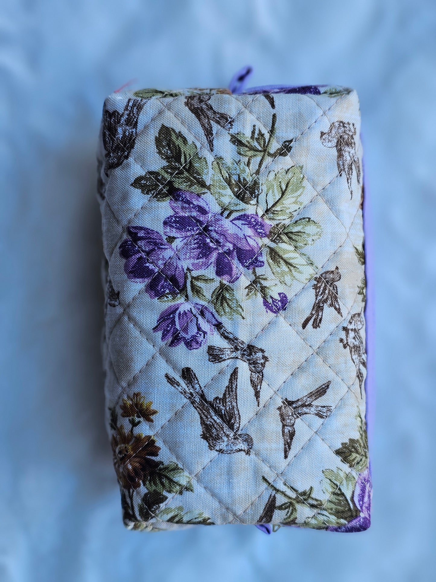 Purple Floral Finch Birds Quilted Pattern Mini Zipper Box Pouch