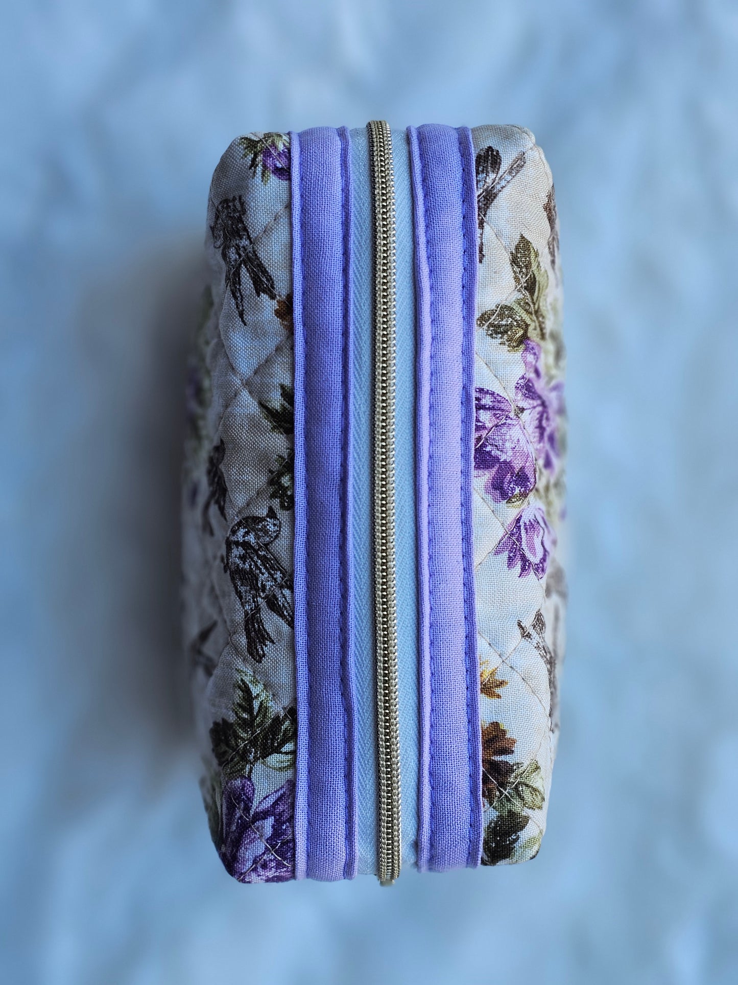 Purple Floral Finch Birds Quilted Pattern Mini Zipper Box Pouch