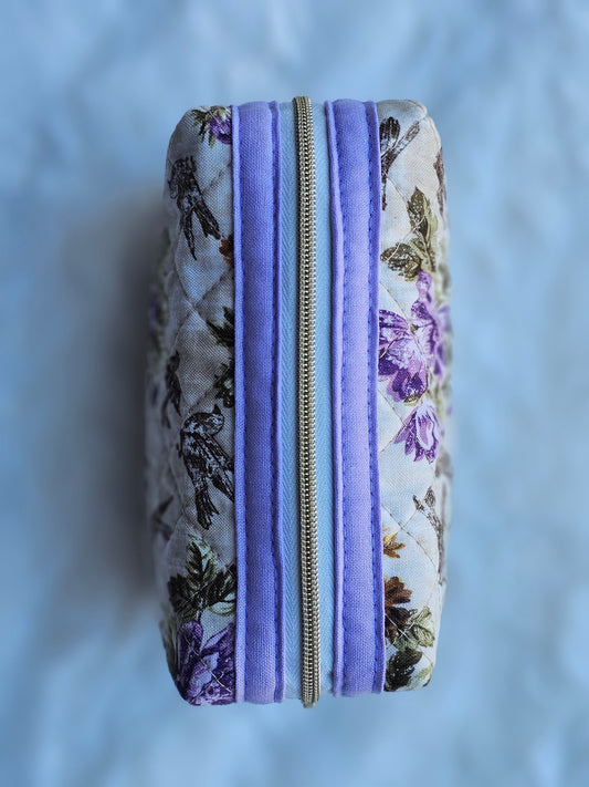 Purple Floral Finch Birds Quilted Pattern Mini Zipper Box Pouch
