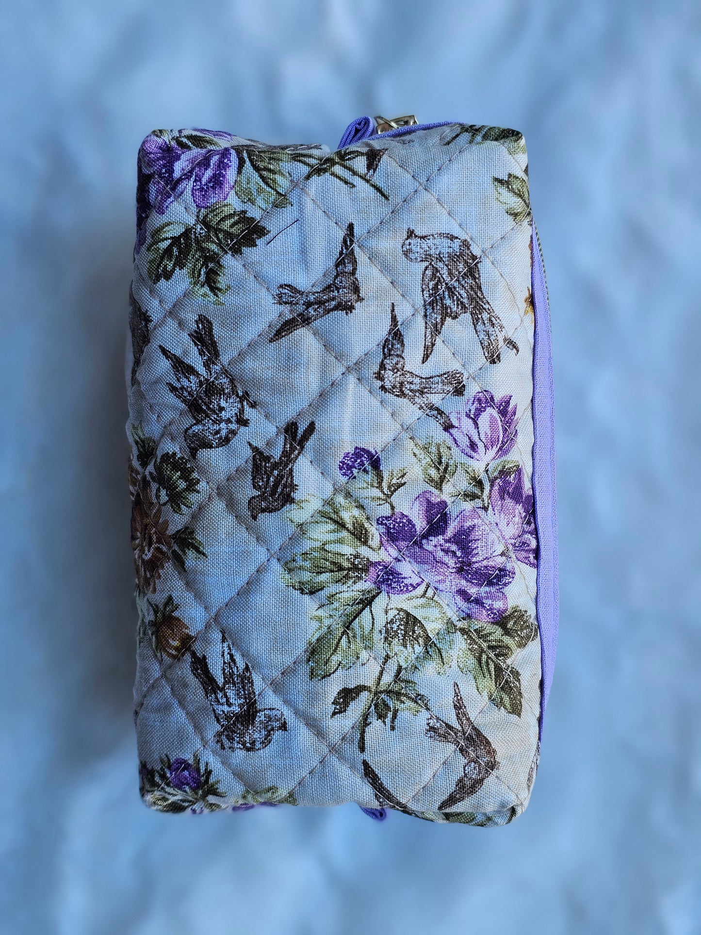 Purple Floral Finch Birds Quilted Pattern Mini Zipper Box Pouch
