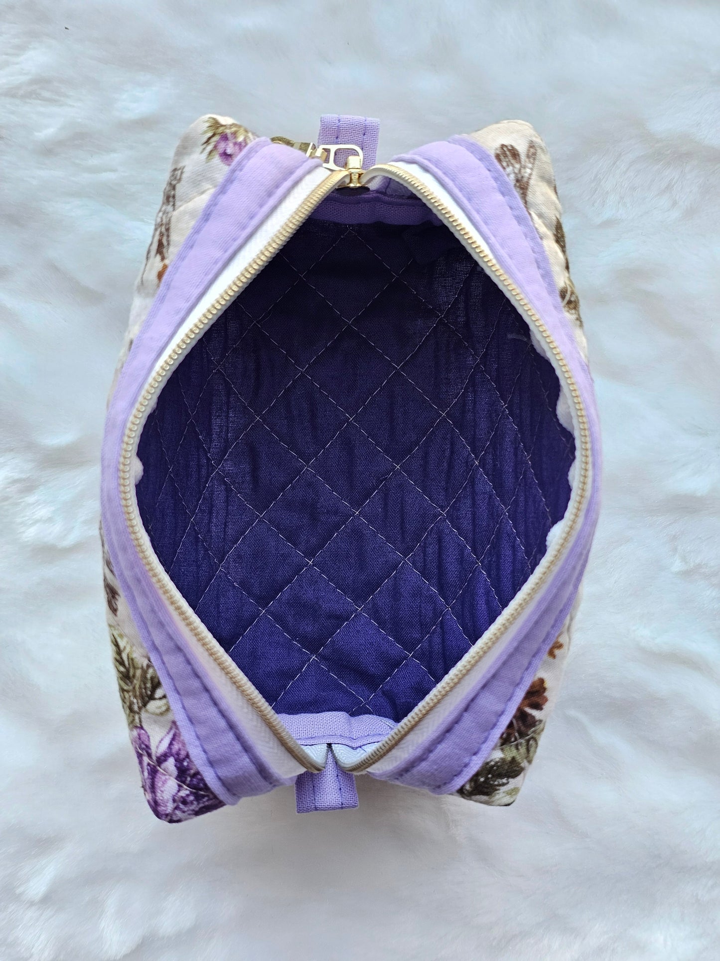 Purple Floral Finch Birds Quilted Pattern Mini Zipper Box Pouch