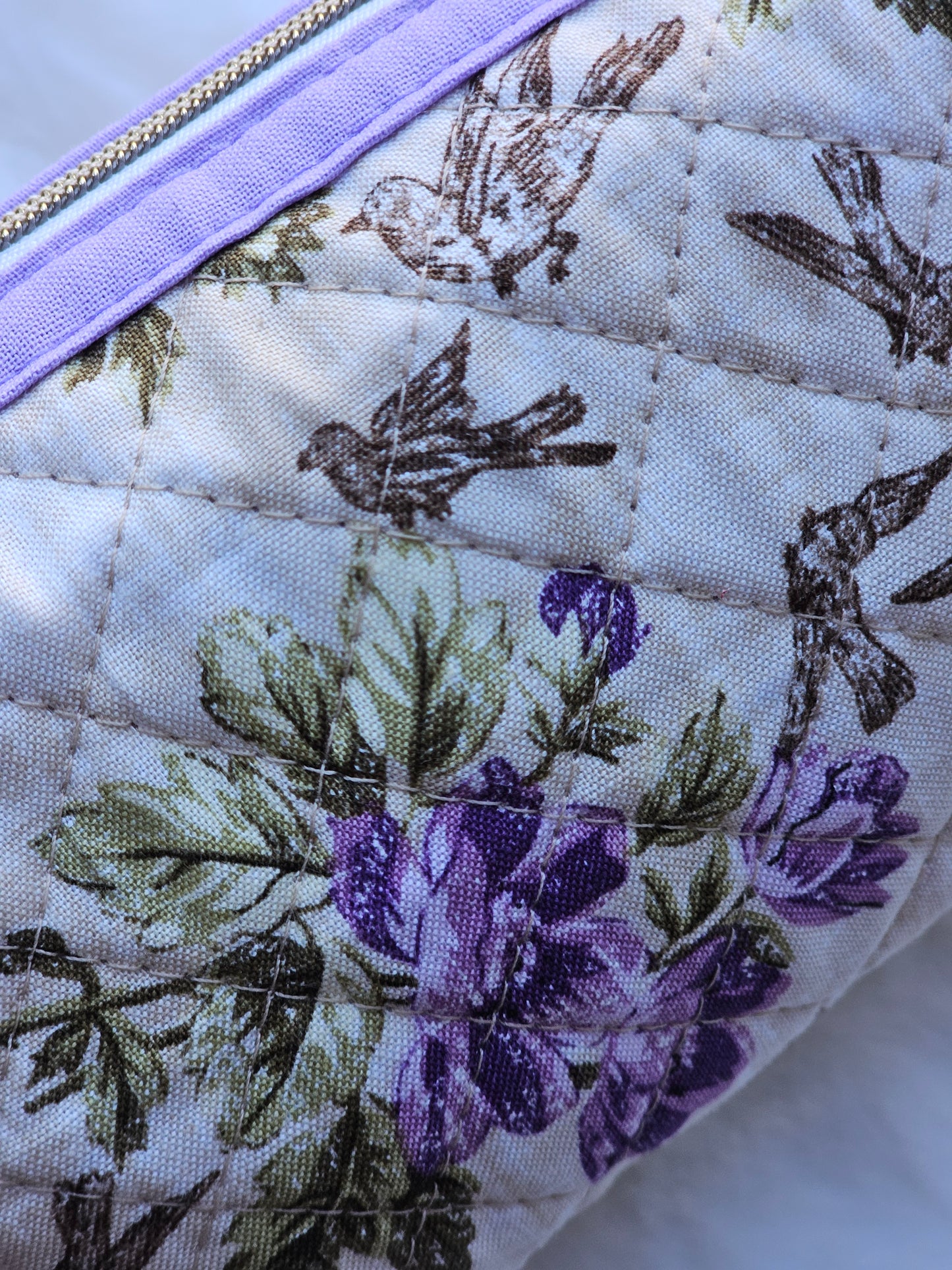 Purple Floral Finch Birds Quilted Pattern Mini Zipper Box Pouch