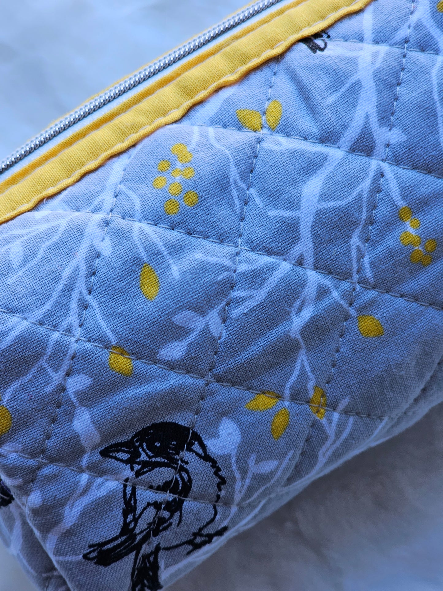 Grey Branch Sparrow Bird Pattern Yellow Accented Quilted Pattern Mini Zipper Box Pouch