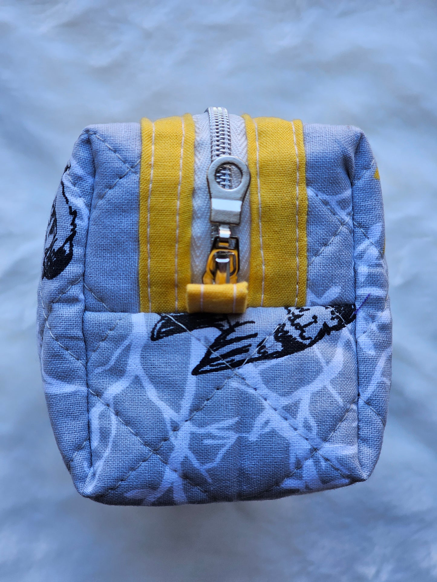 Grey Branch Sparrow Bird Pattern Yellow Accented Quilted Pattern Mini Zipper Box Pouch