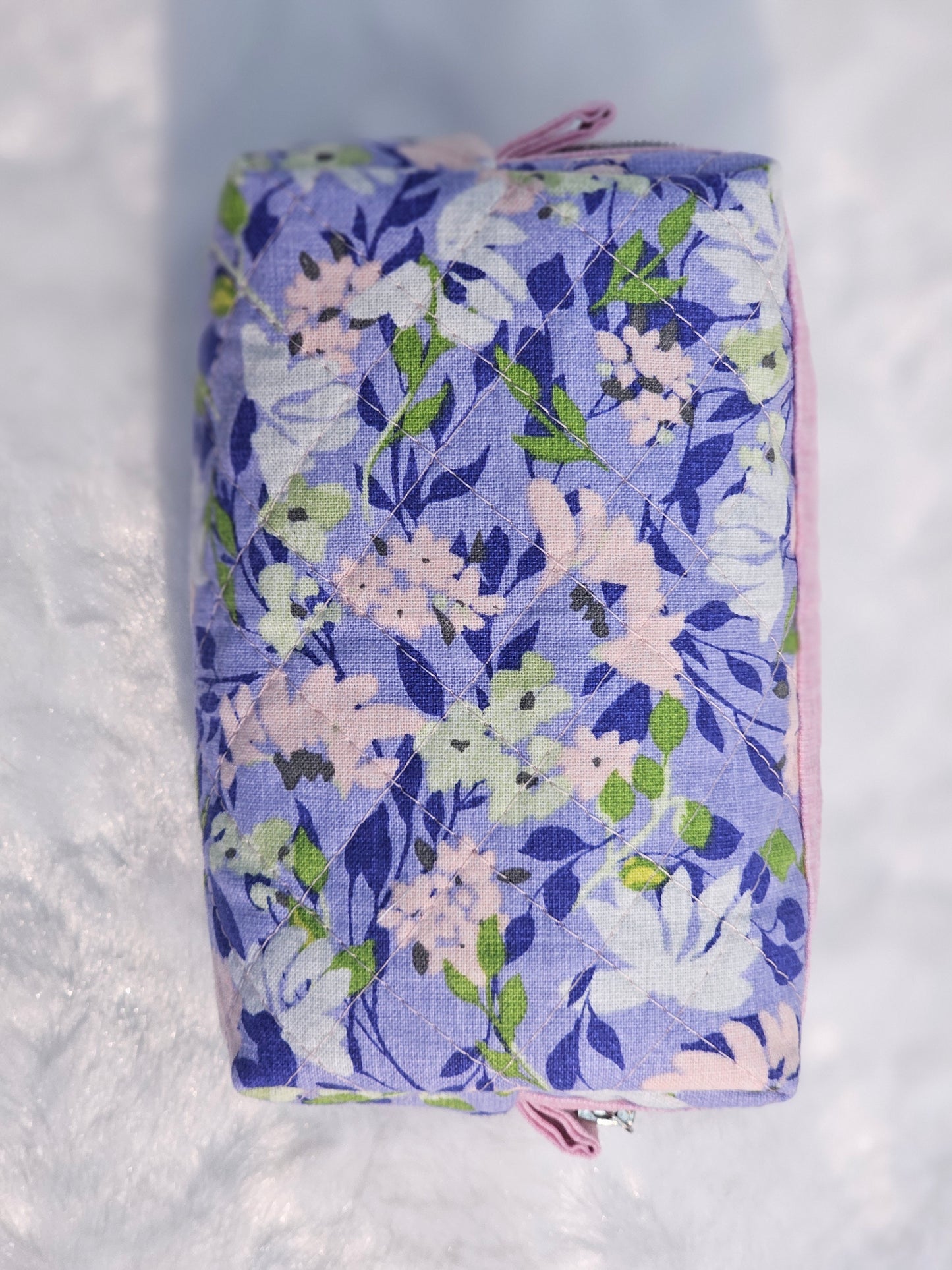 Pastel Purple Floral Light Pink Accented Quilted Pattern Mini Zipper Box Pouch
