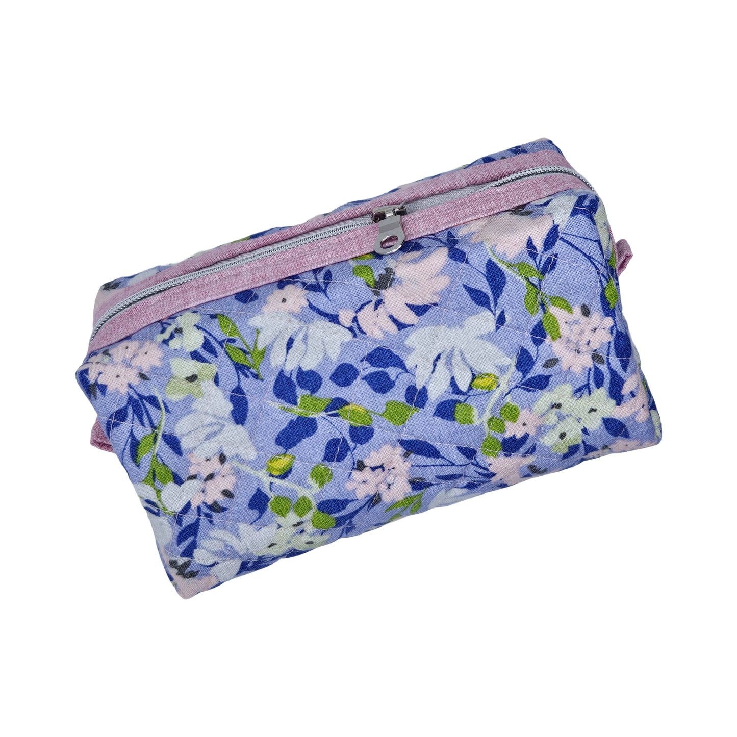 Pastel Purple Floral Light Pink Accented Quilted Pattern Mini Zipper Box Pouch