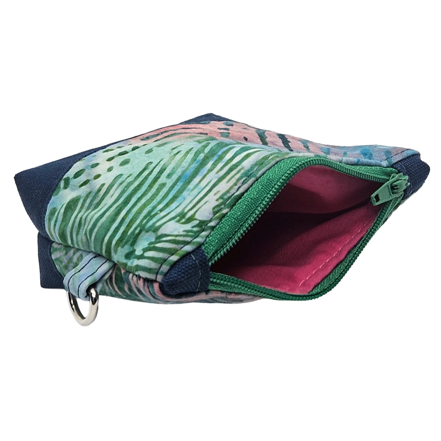 Deep Blue Tropical Leaf Pattern Handmade Mini D-Ring Zipper Pouch