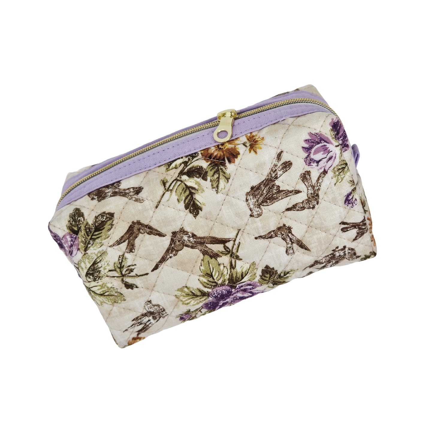 Purple Floral Finch Birds Quilted Pattern Mini Zipper Box Pouch