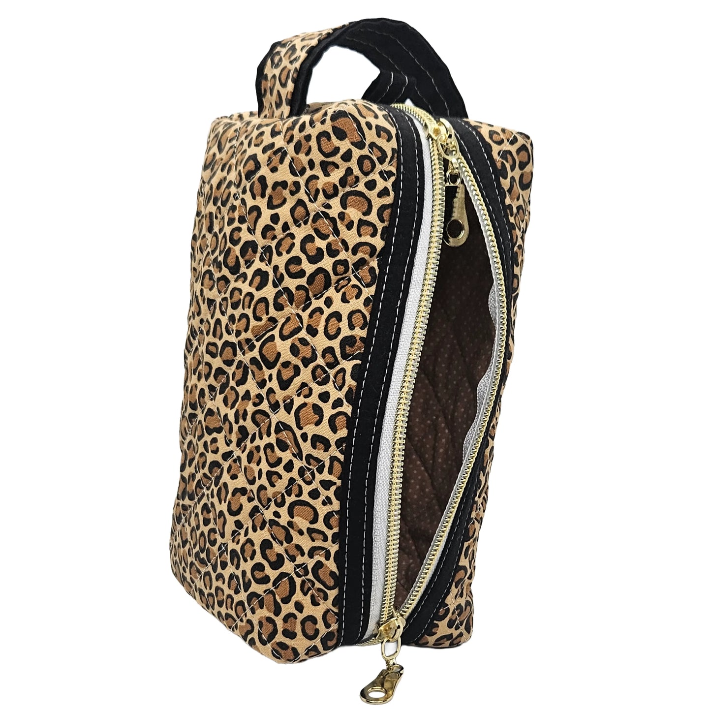 Leopard Pattern Black Accented Quilted Pattern Zipper Box Pouch