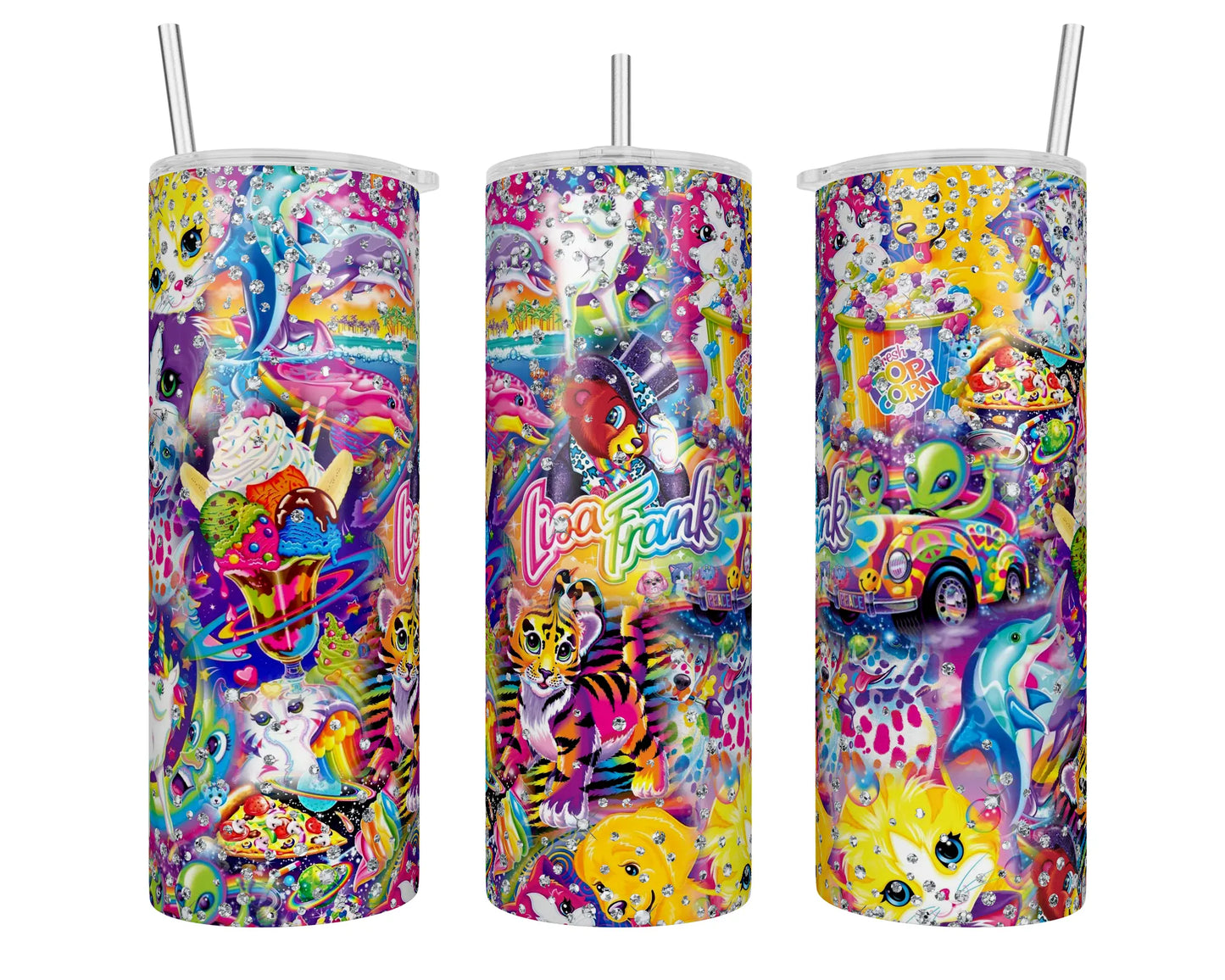 20 oz Skinny Lisa Frank Characters Rhinestone Print Sublimation Tumbler