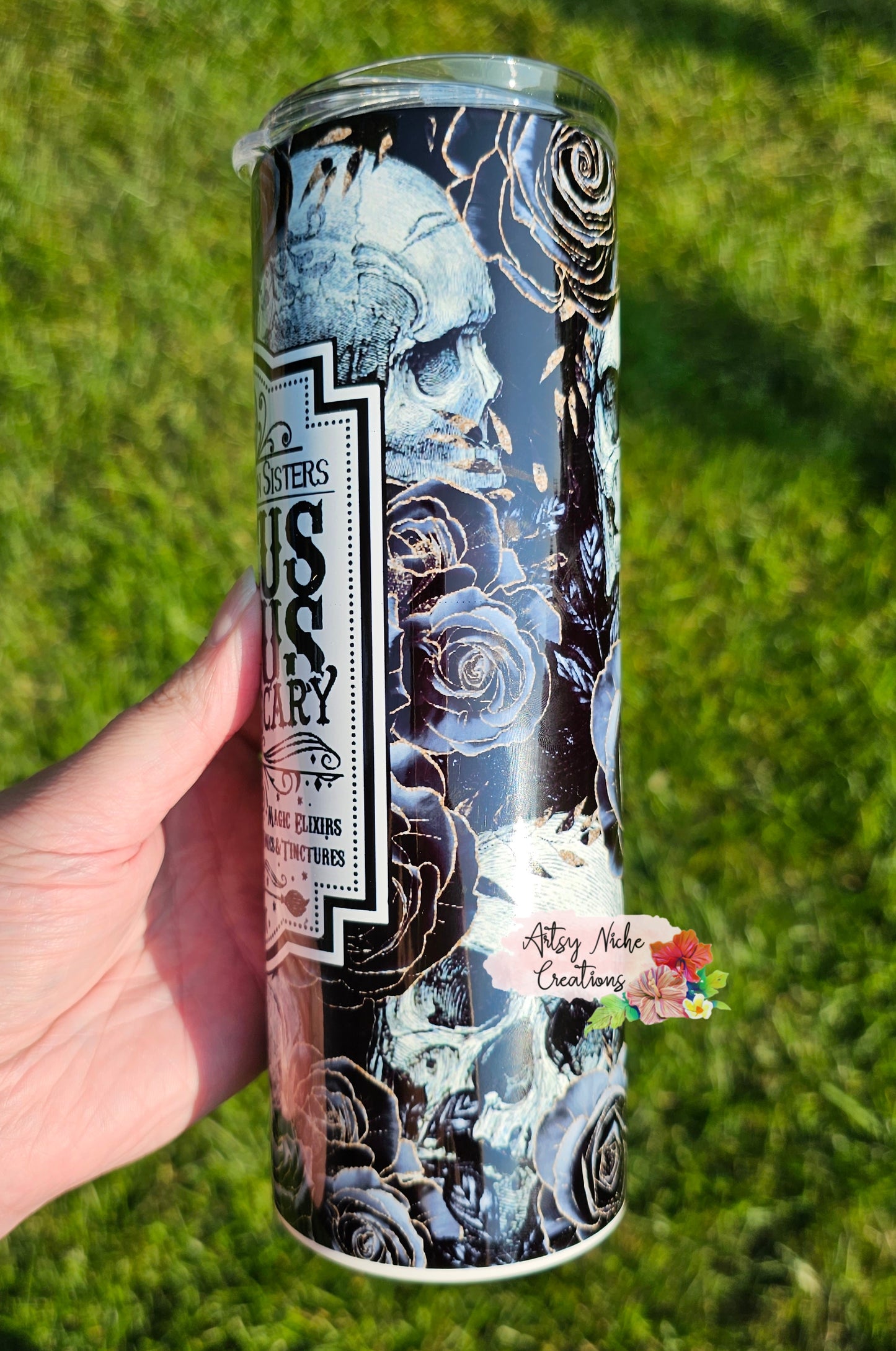 20 oz Skulls & Black Roses Apothecary Hocus Pocus Sublimation Tumbler - Imperfect