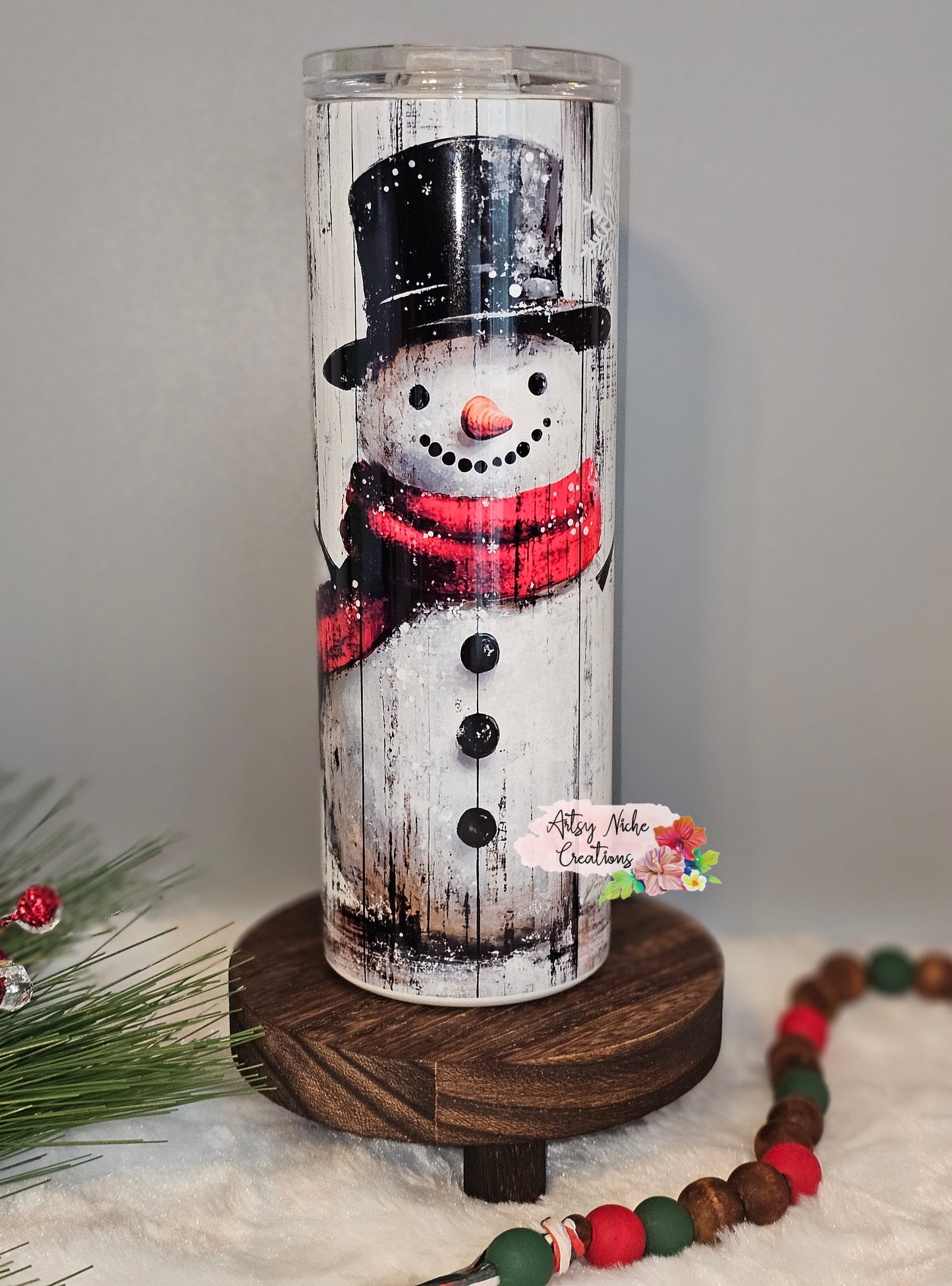 20 oz Vintage Style Snowman Snowing Distressed Wood Sublimation Tumbler - Imperfect
