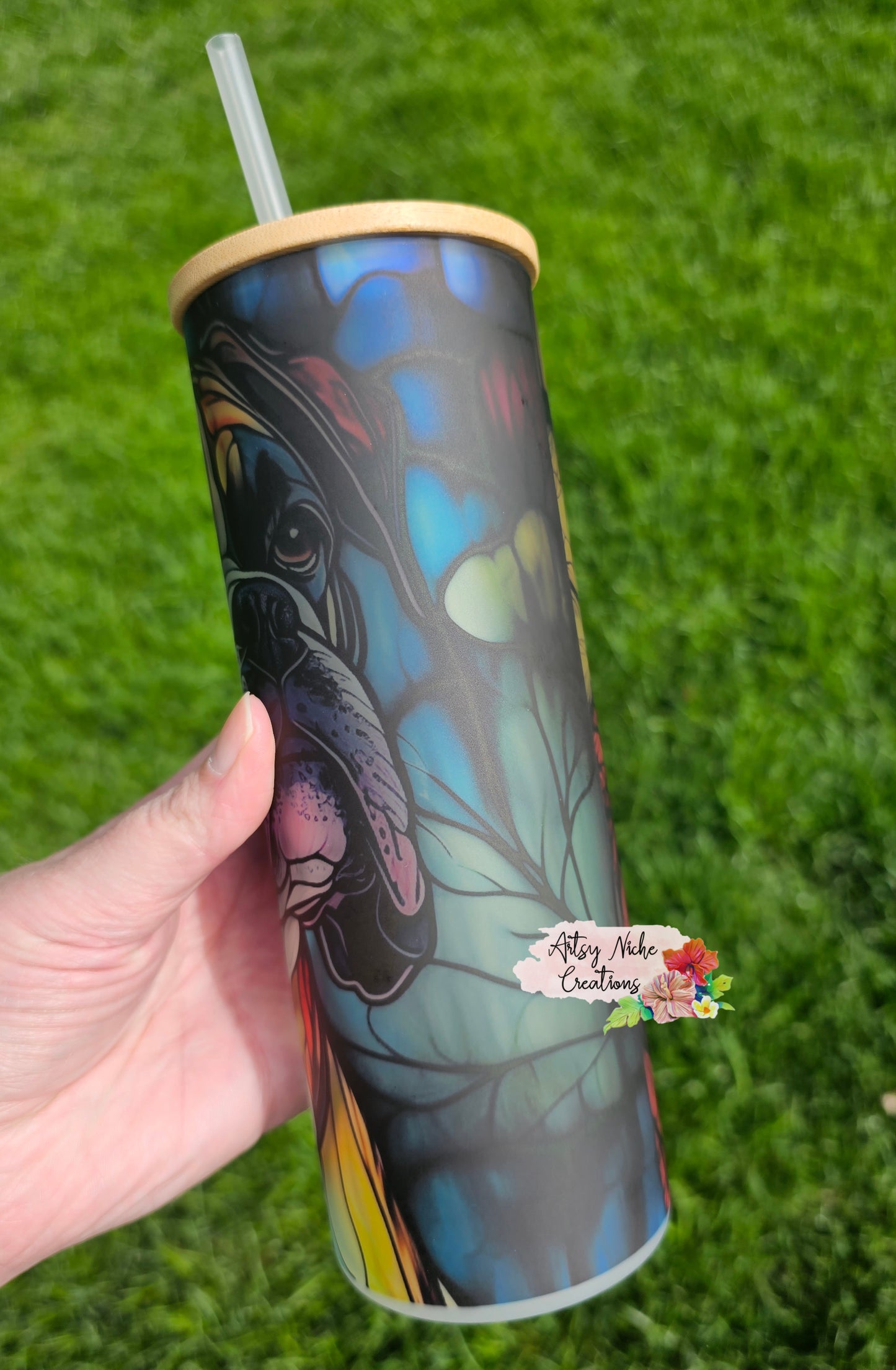 Stained Glass Boxer Dog 25oz Frosted Glass Tumbler
