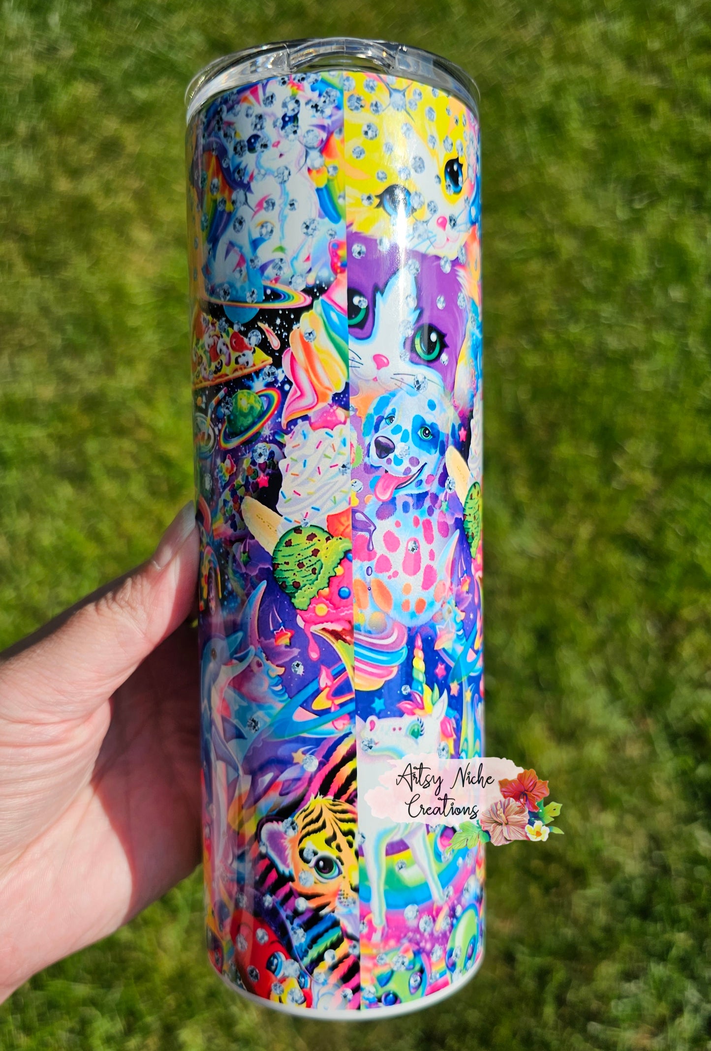 20 oz Skinny Lisa Frank Characters Rhinestone Print Sublimation Tumbler