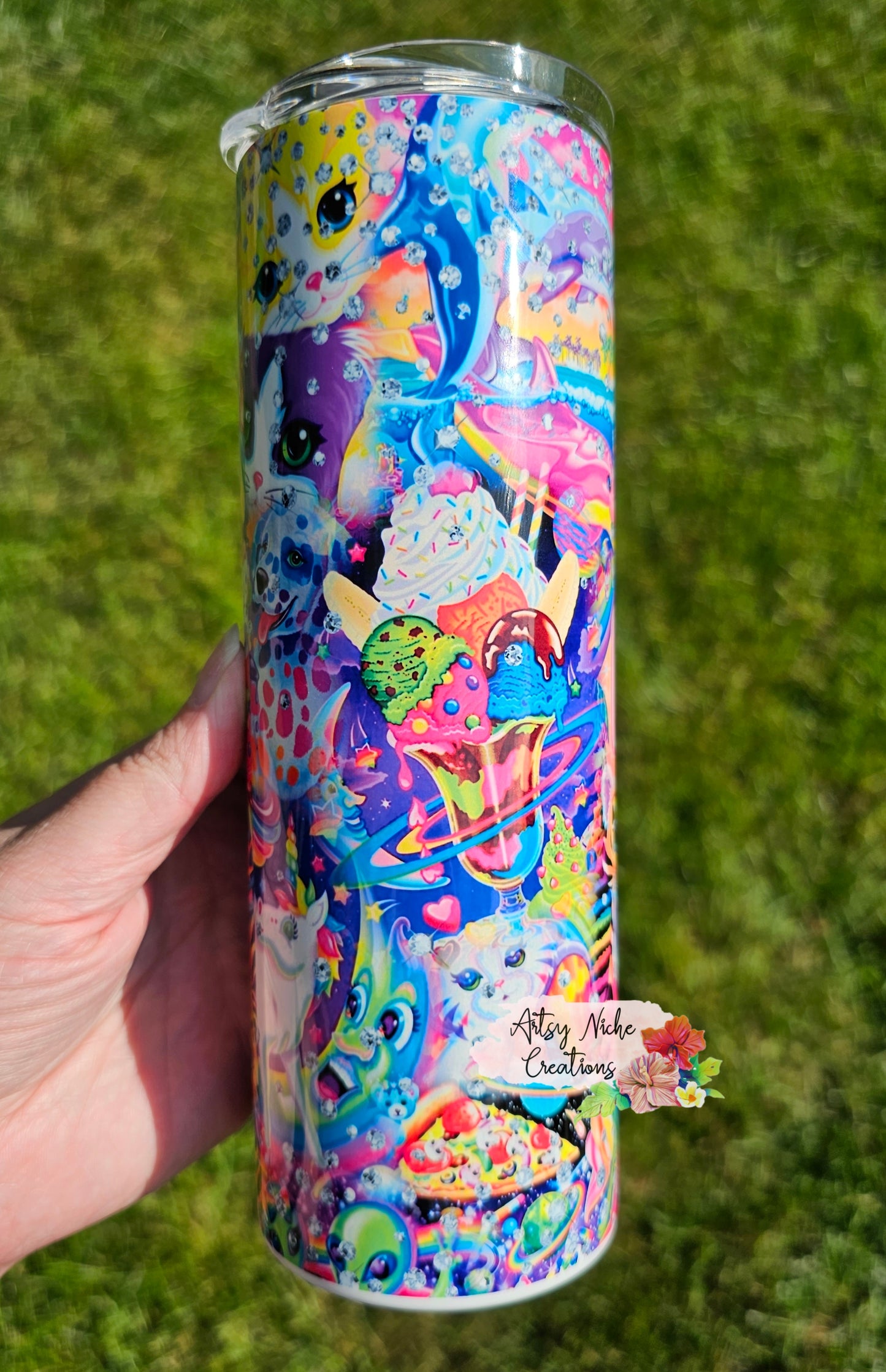 20 oz Skinny Lisa Frank Characters Rhinestone Print Sublimation Tumbler