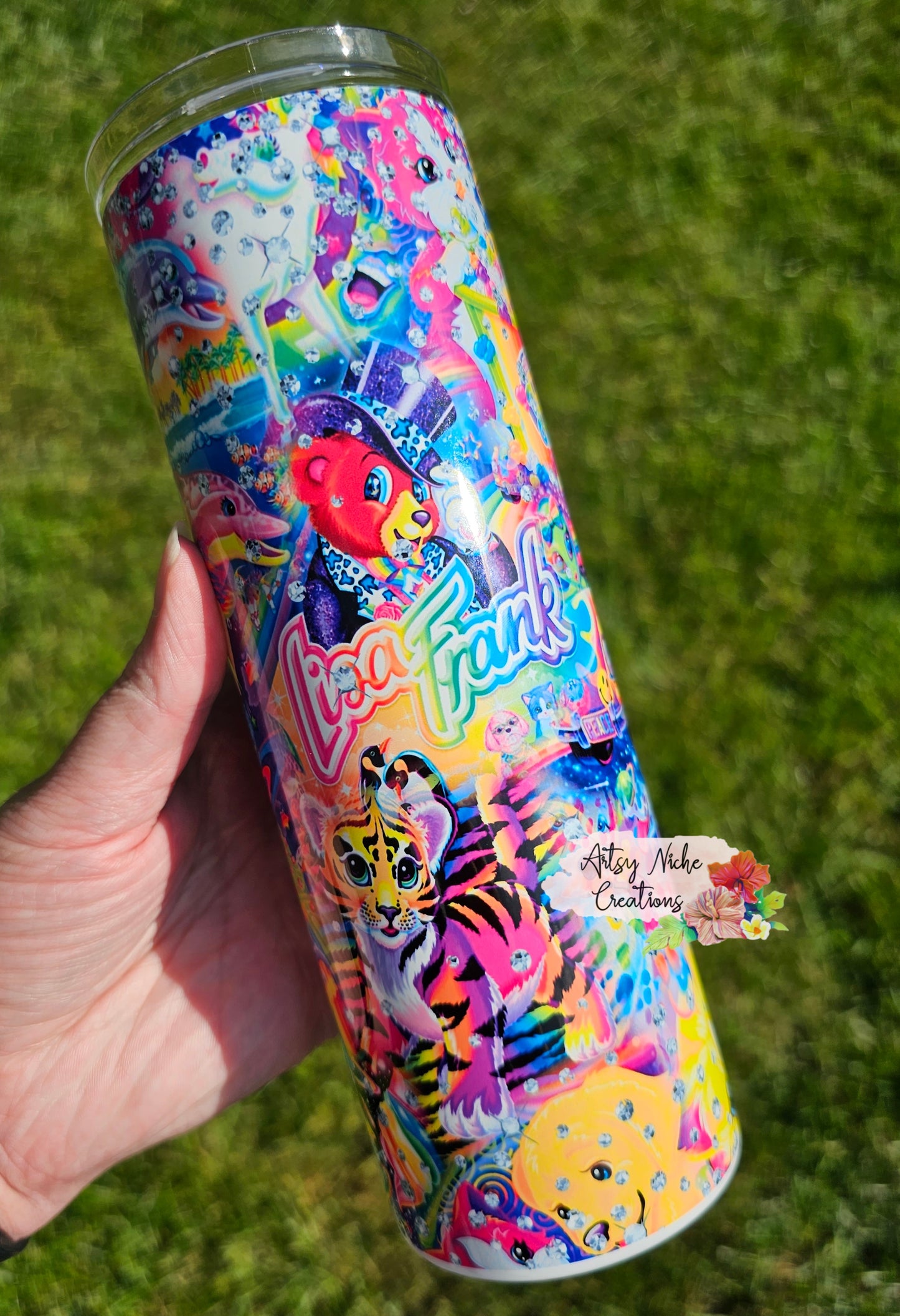 20 oz Skinny Lisa Frank Characters Rhinestone Print Sublimation Tumbler