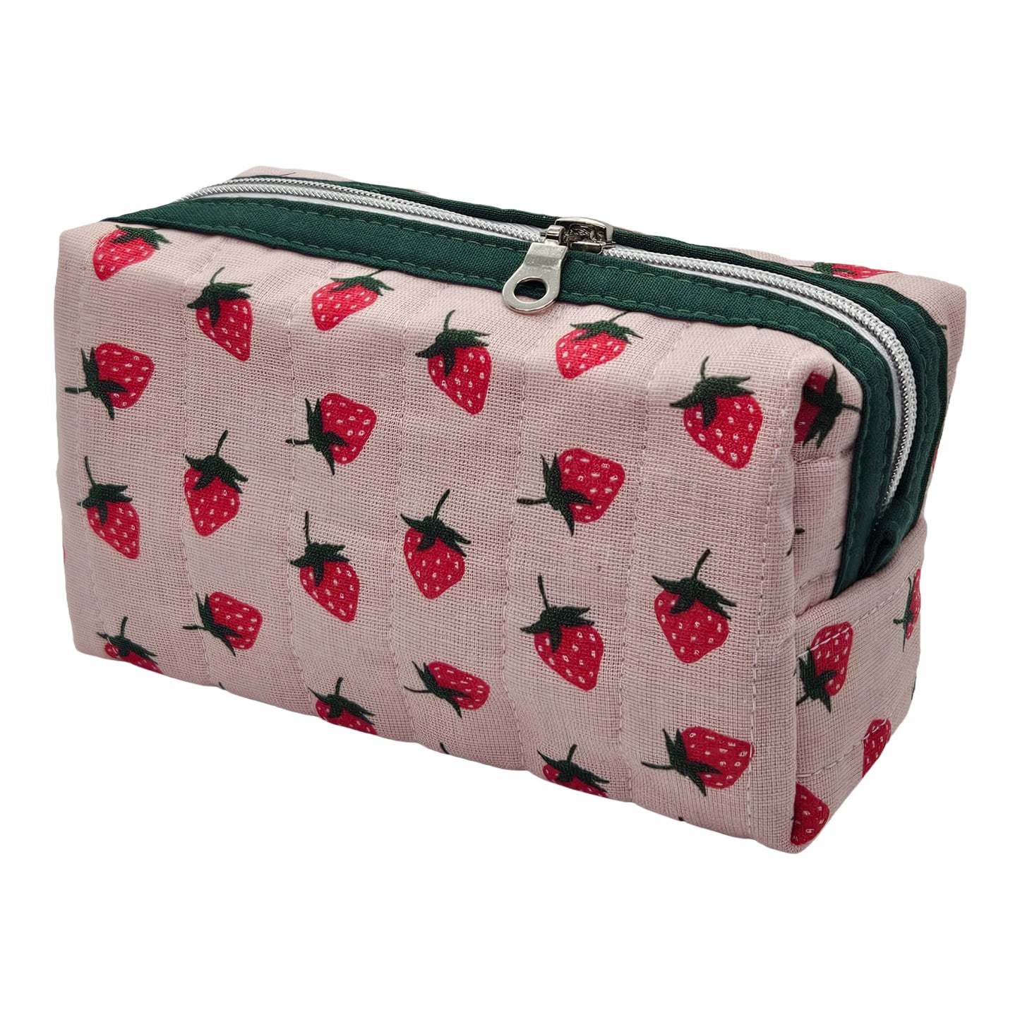 Pink Strawberry Pattern Handmade Mini Quilted Zipper Box Pouch