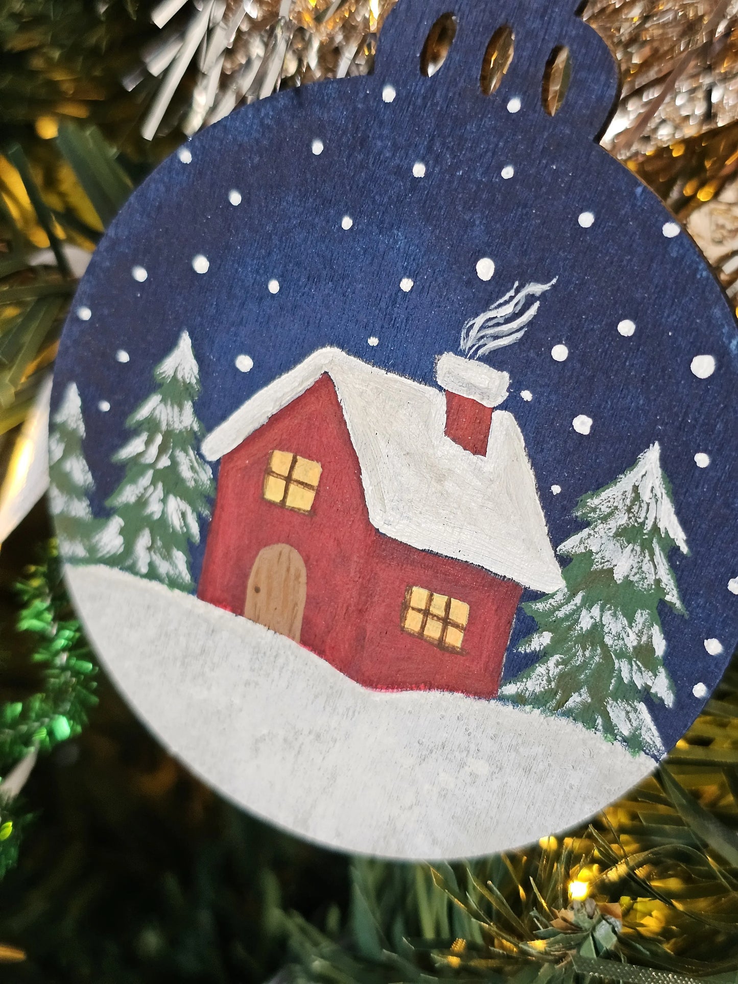 Old Fashioned Cabin Snowfall Handpainted Wooden Christmas Ornament
