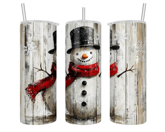 20 oz Vintage Style Snowman Snowing Distressed Wood Sublimation Tumbler - Imperfect