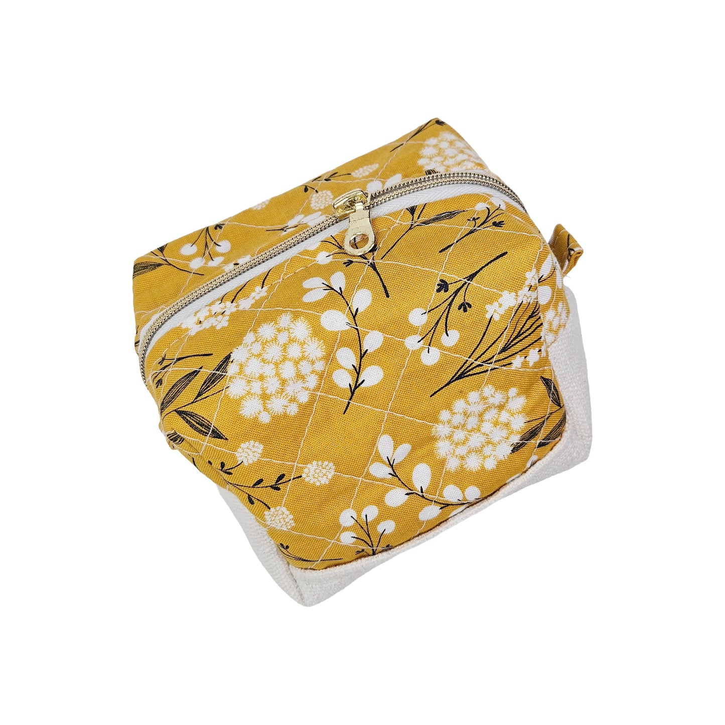 Mustard Yellow Floral Pattern Handmade Two Tone Mini Quilted Zipper Square Box Pouch