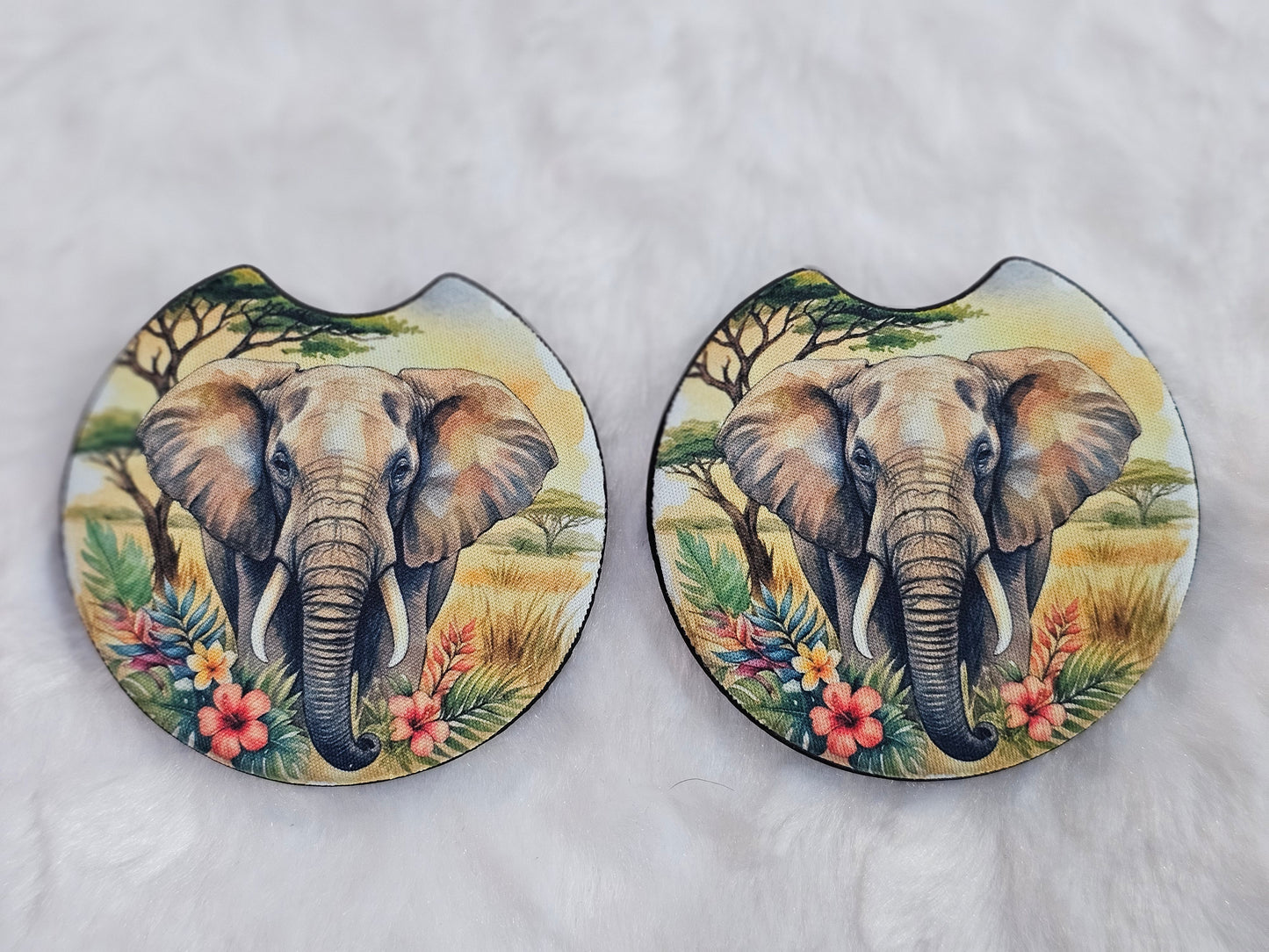 Elephant Hibiscus 2 Pack Neoprene Car Coaster Set