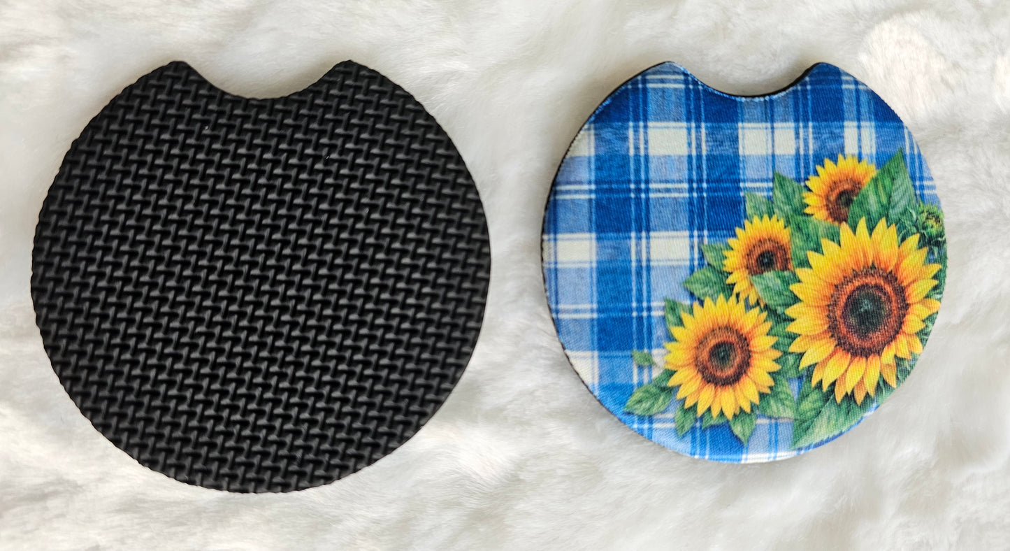 Blue Plaid Sunflower 2 Pack Neoprene Car Coaster Set