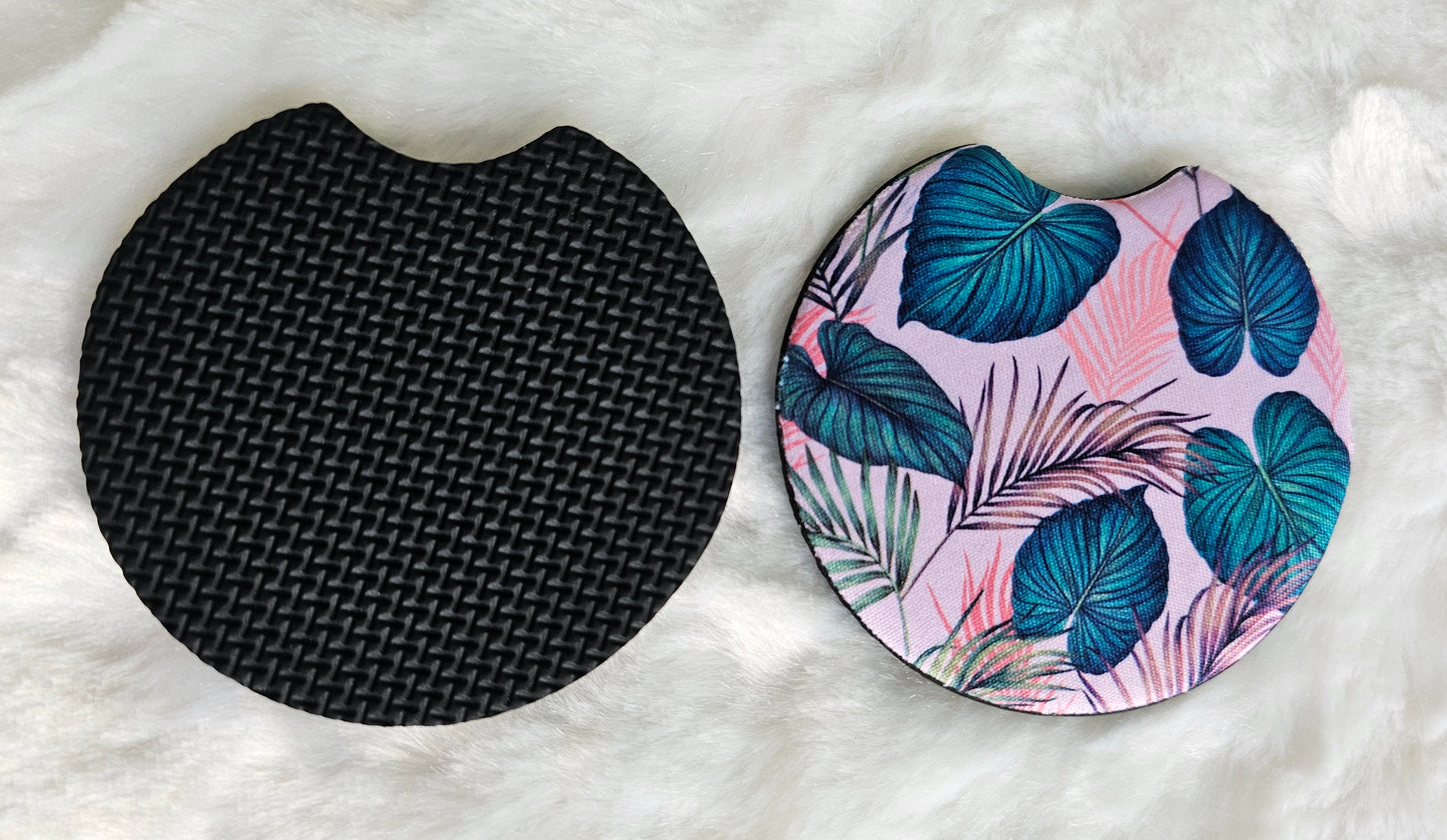 Tropical Teal Leaves 2 Pack Neoprene Car Coaster Set