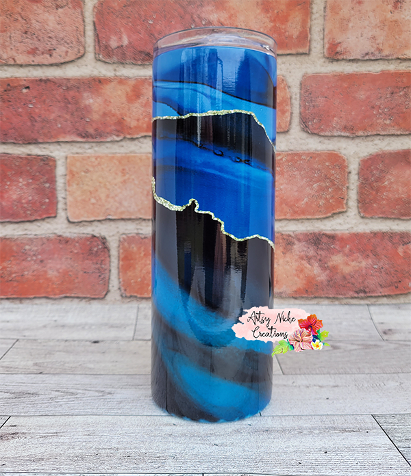 20 oz Blue and Gold Alcohol Ink Sublimation Tumbler - Imperfect