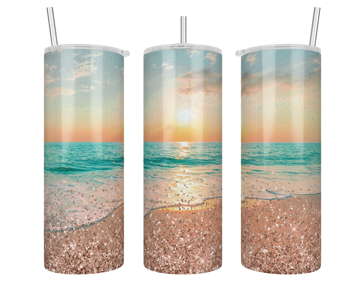 20 oz Holographic On the Beach Ocean Sunset Sublimation Tumbler