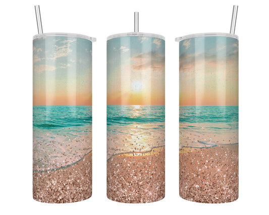 20 oz Holographic On the Beach Ocean Sunset Sublimation Tumbler