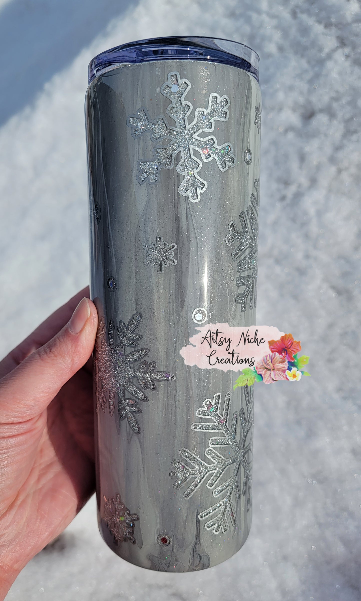 20 oz Silver Dirty Pour Peekaboo Snowflake Epoxy Tumbler