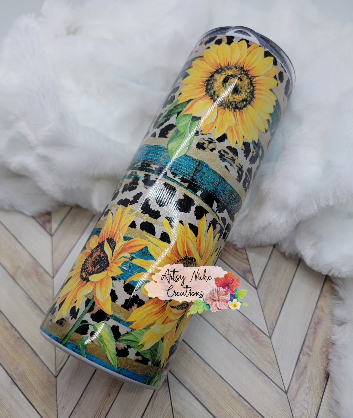 20 oz Pearlescent Rustic Wood Sunflower Leopard Print Sublimation Tumbler