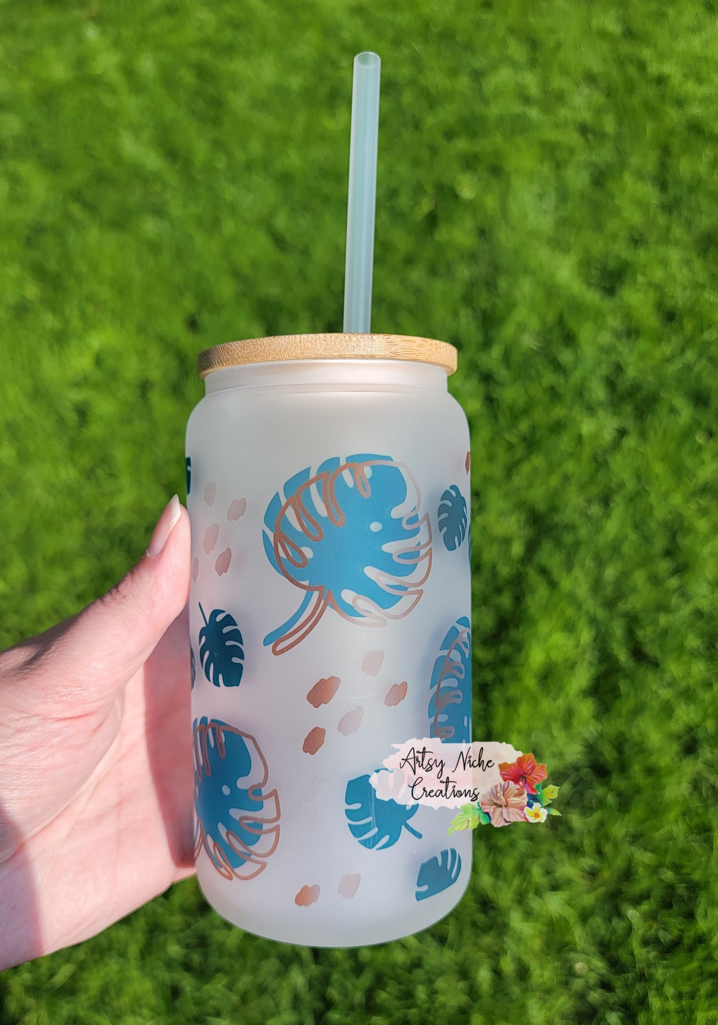 Monstera Leaf Outline 16oz Frosted Glass Can Set