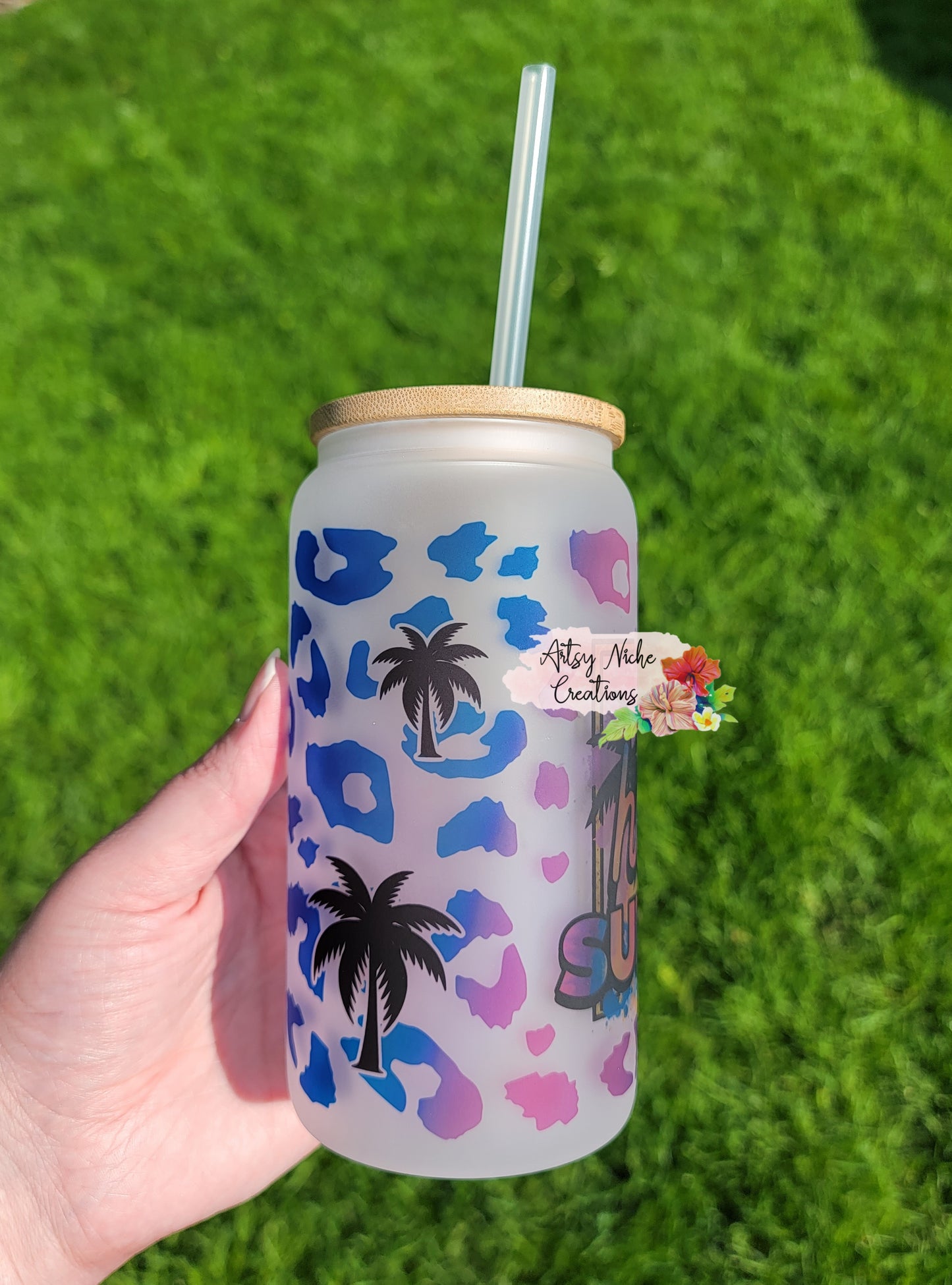Hello Summer Rainbow Leopard 16oz Frosted Glass Can