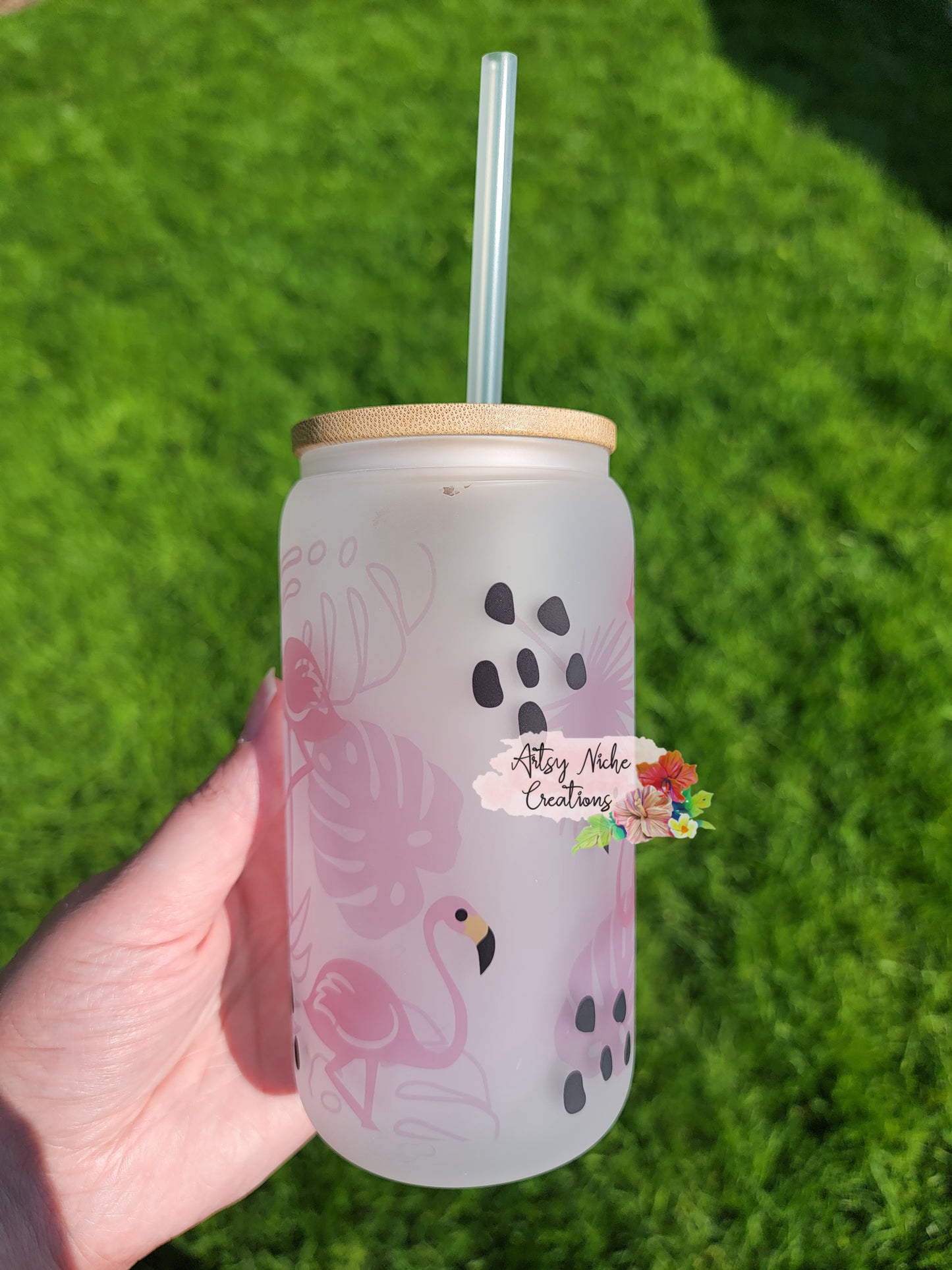 16 oz Sublimation Frosted Glass Can Pink Flamingos
