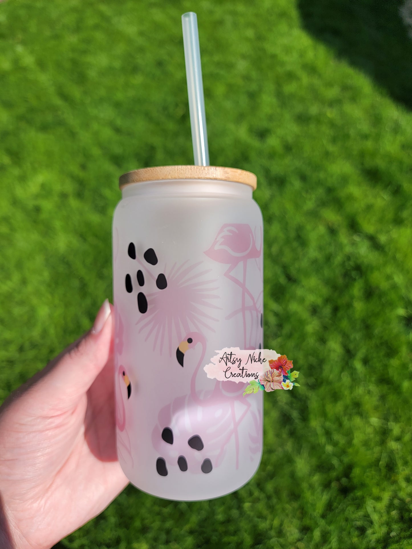 16 oz Sublimation Frosted Glass Can Pink Flamingos