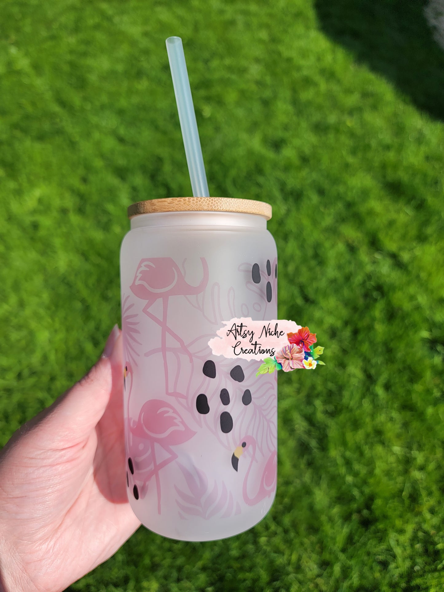 16 oz Sublimation Frosted Glass Can Pink Flamingos
