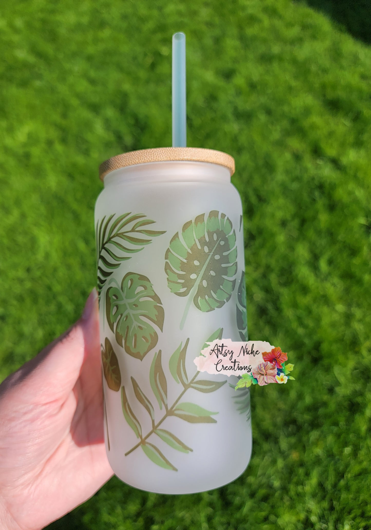 Tropical Monstera Palm Leaf 16oz Frosted Glass Can Set