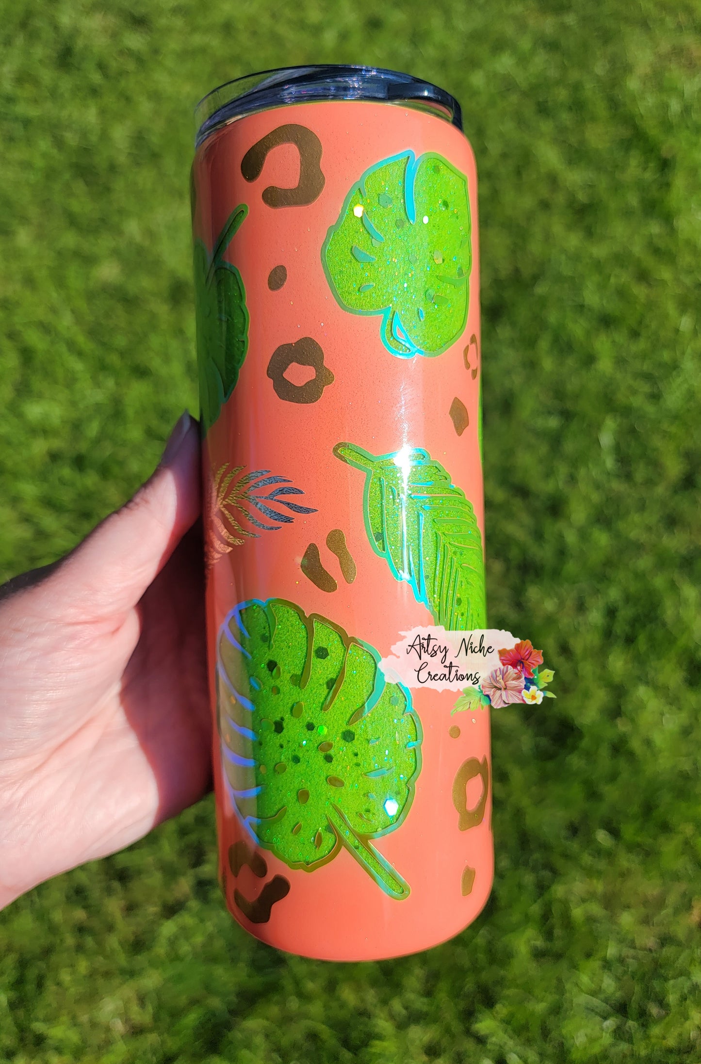 20 oz Skinny Coral Peekaboo Tropical Epoxy Tumbler
