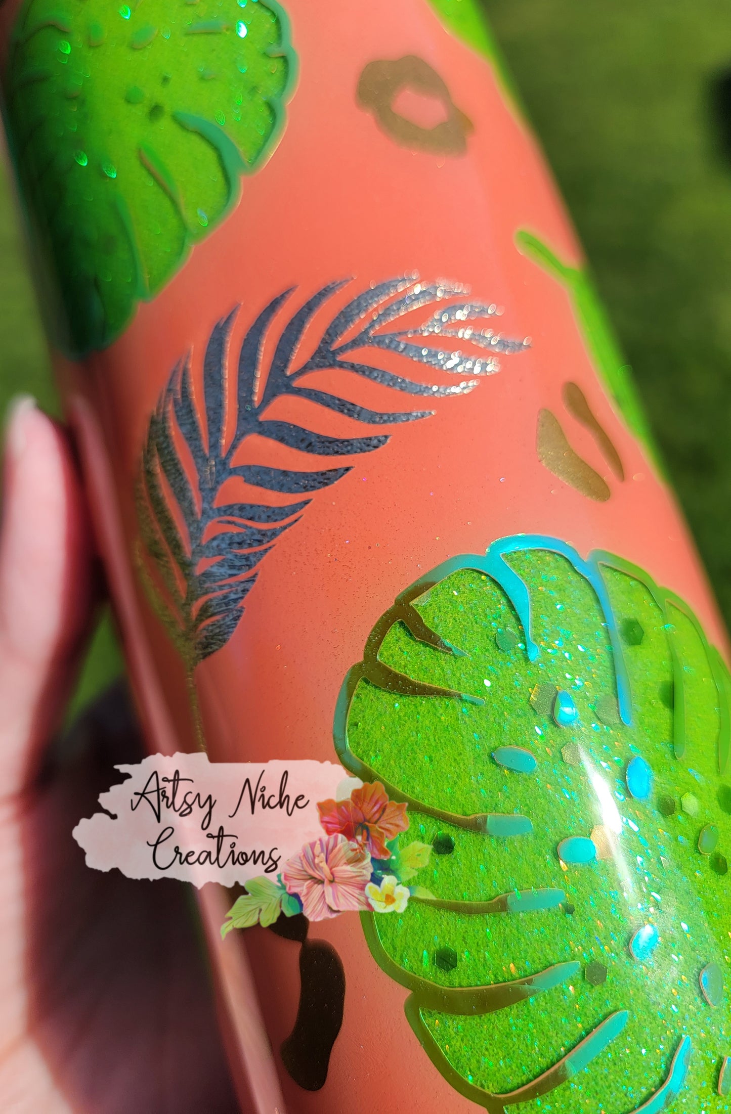 20 oz Skinny Coral Peekaboo Monstera & Palms Tropical Epoxy Tumbler
