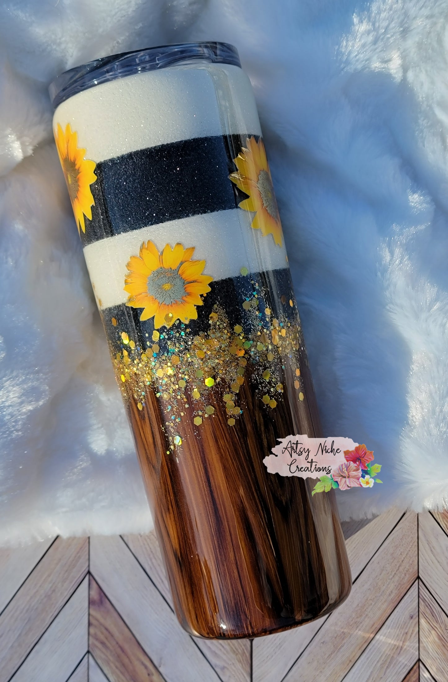 20 oz Tapered Split Woodgrain Sunflower Epoxy Tumbler