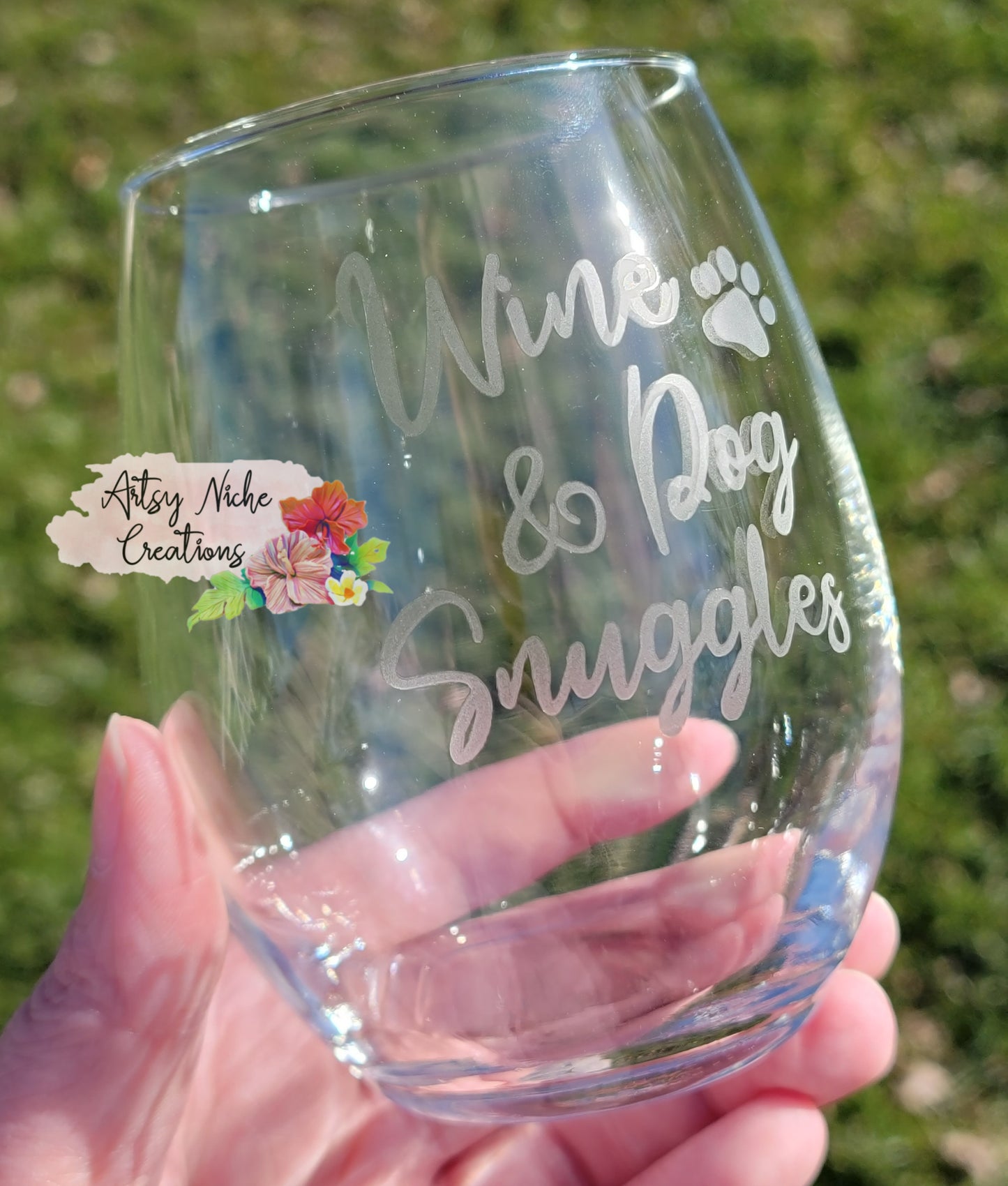 15 oz Etched Wine Glass Wine & Dog Snuggles