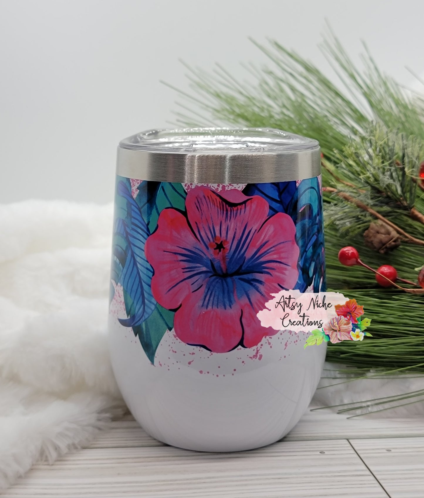12 oz Sublimation Wine Tumbler Hibiscus Tropical Leaves Wrap