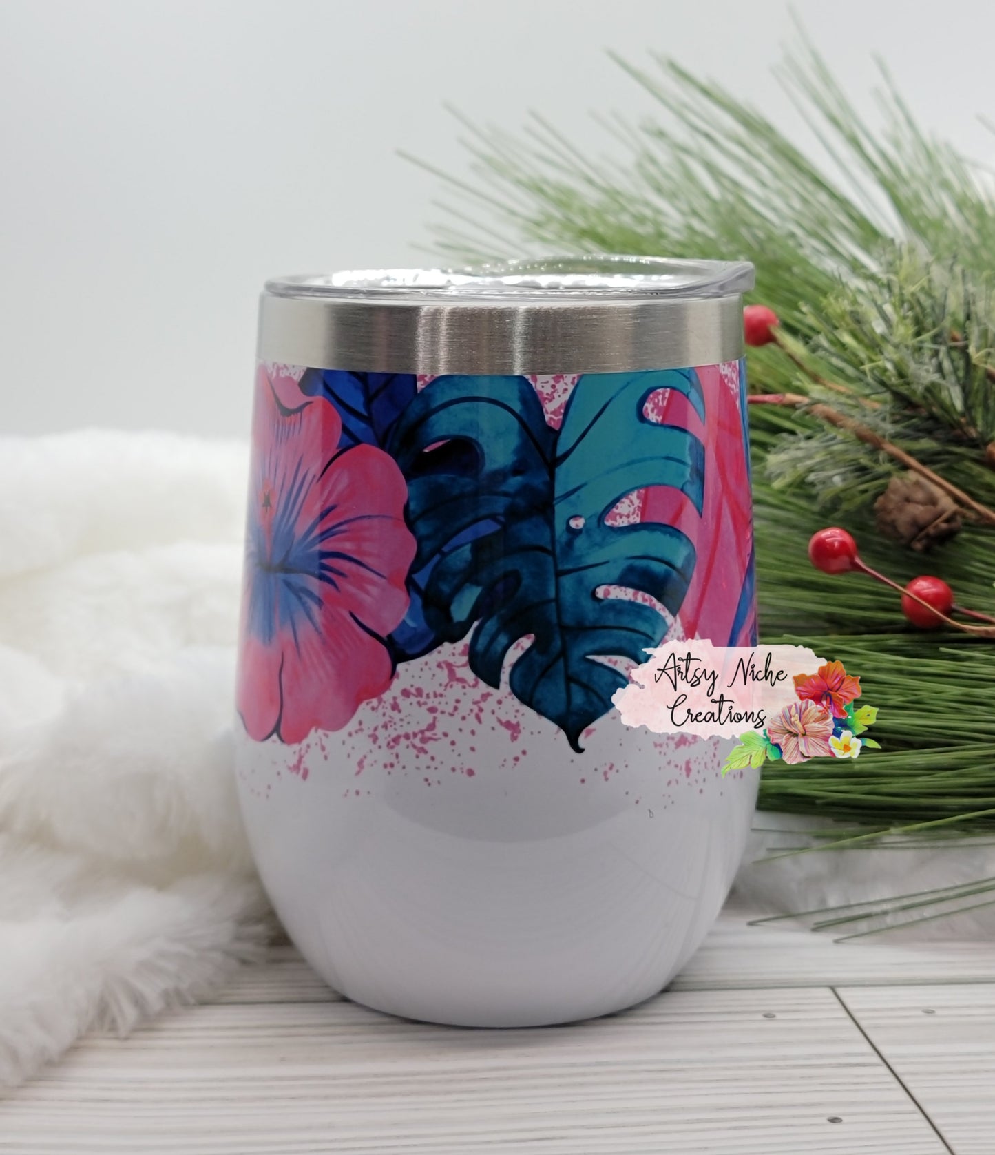 12 oz Sublimation Wine Tumbler Hibiscus Tropical Leaves Wrap