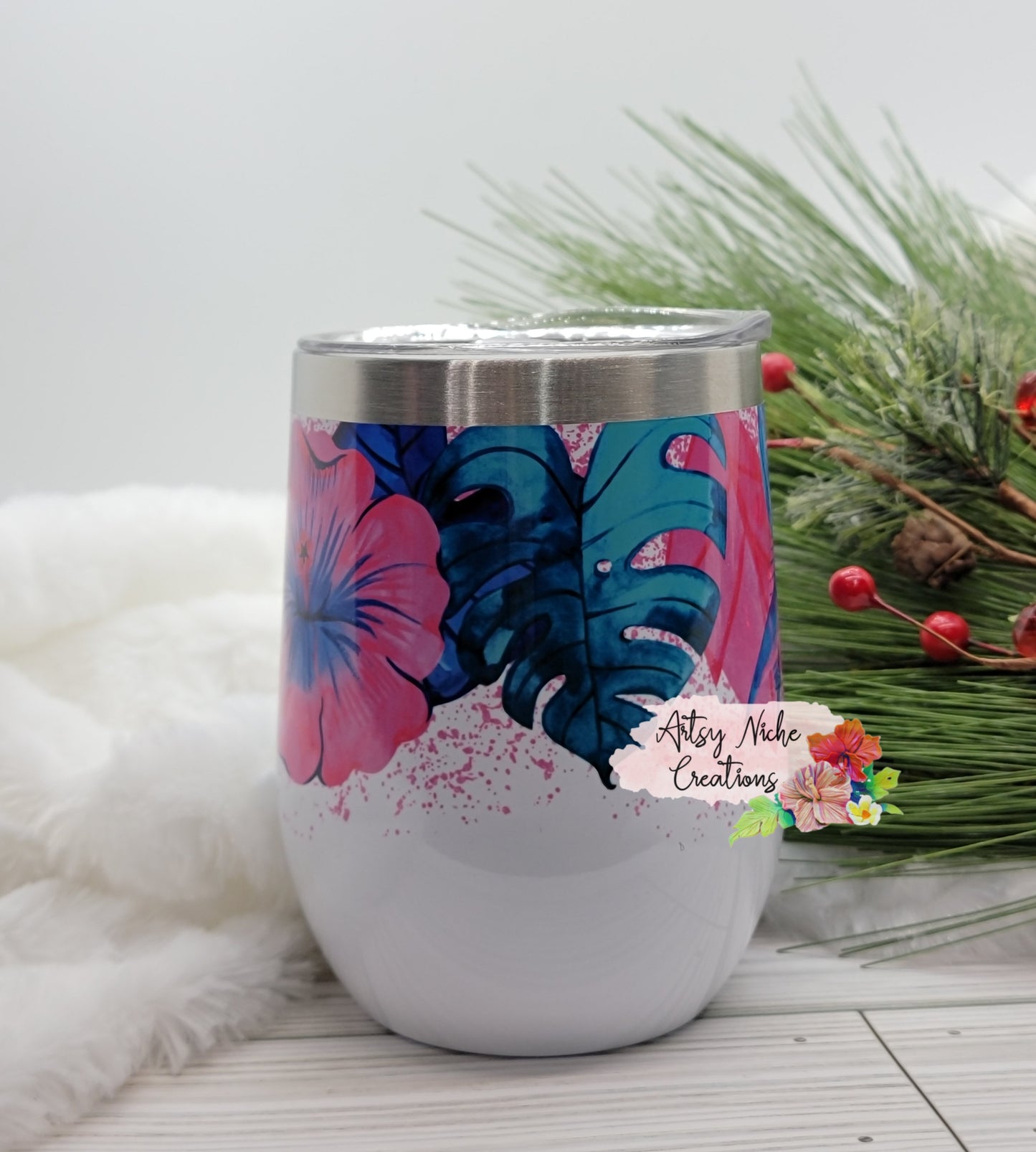 12 oz Sublimation Wine Tumbler Hibiscus Tropical Leaves Wrap