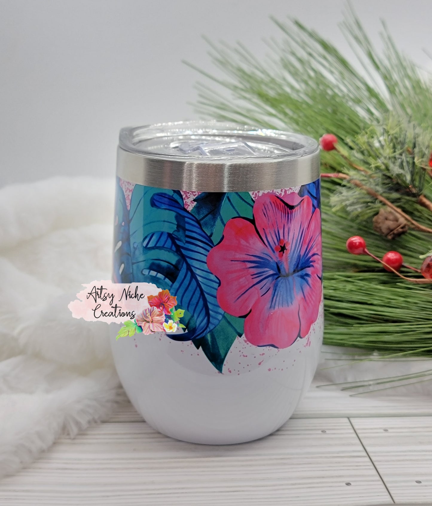 12 oz Sublimation Wine Tumbler Hibiscus Tropical Leaves Wrap